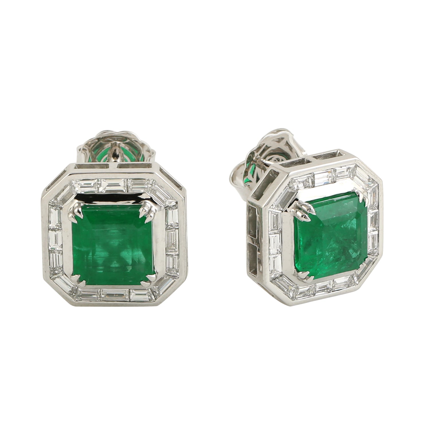 18K White Gold Channel Set Diamond Square Emerald Stud Earrings for Women - Elegant Wedding, Anniversary & Party Jewelry Gift