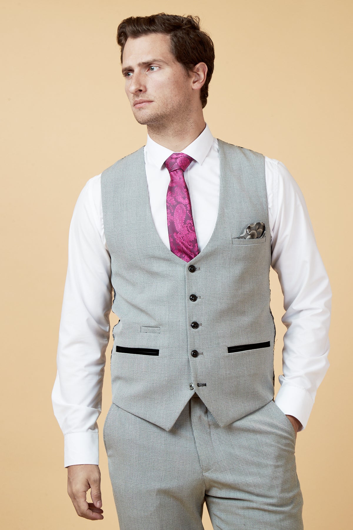 BROMLEY Men's Silver Grey Single Breasted Check Waistcoat Vest - Formal Office Wear & Wedding Attire