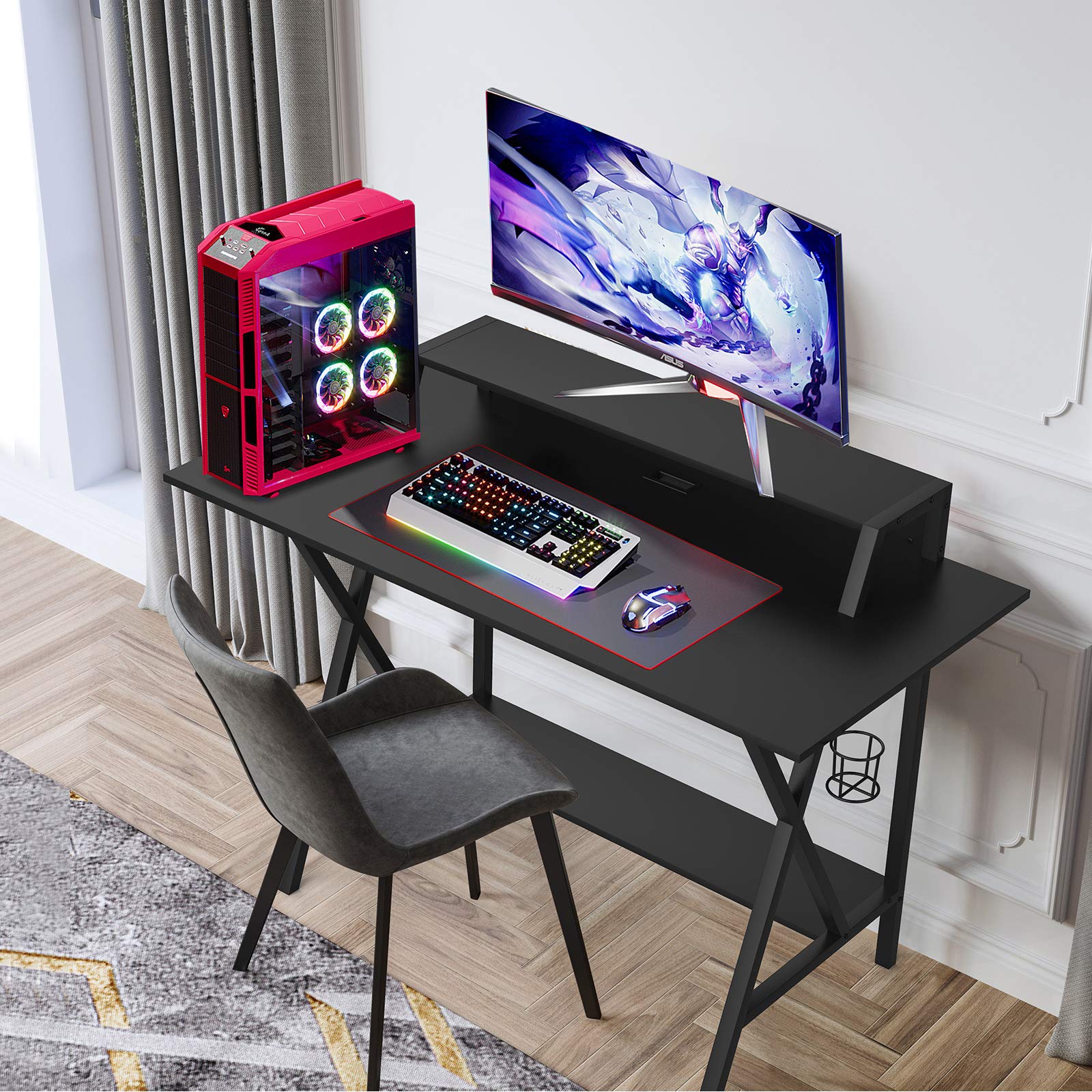 PowerStone 48 Inch Gaming Desk with Carbon Fiber Surface - Ergonomic Computer Desk for Gaming & Office Work - Includes Monitor Stand, USB Power Strip, Cup Holder & Headphone Hook - Perfect for PC Gamers & Home Office Setup (Black)
