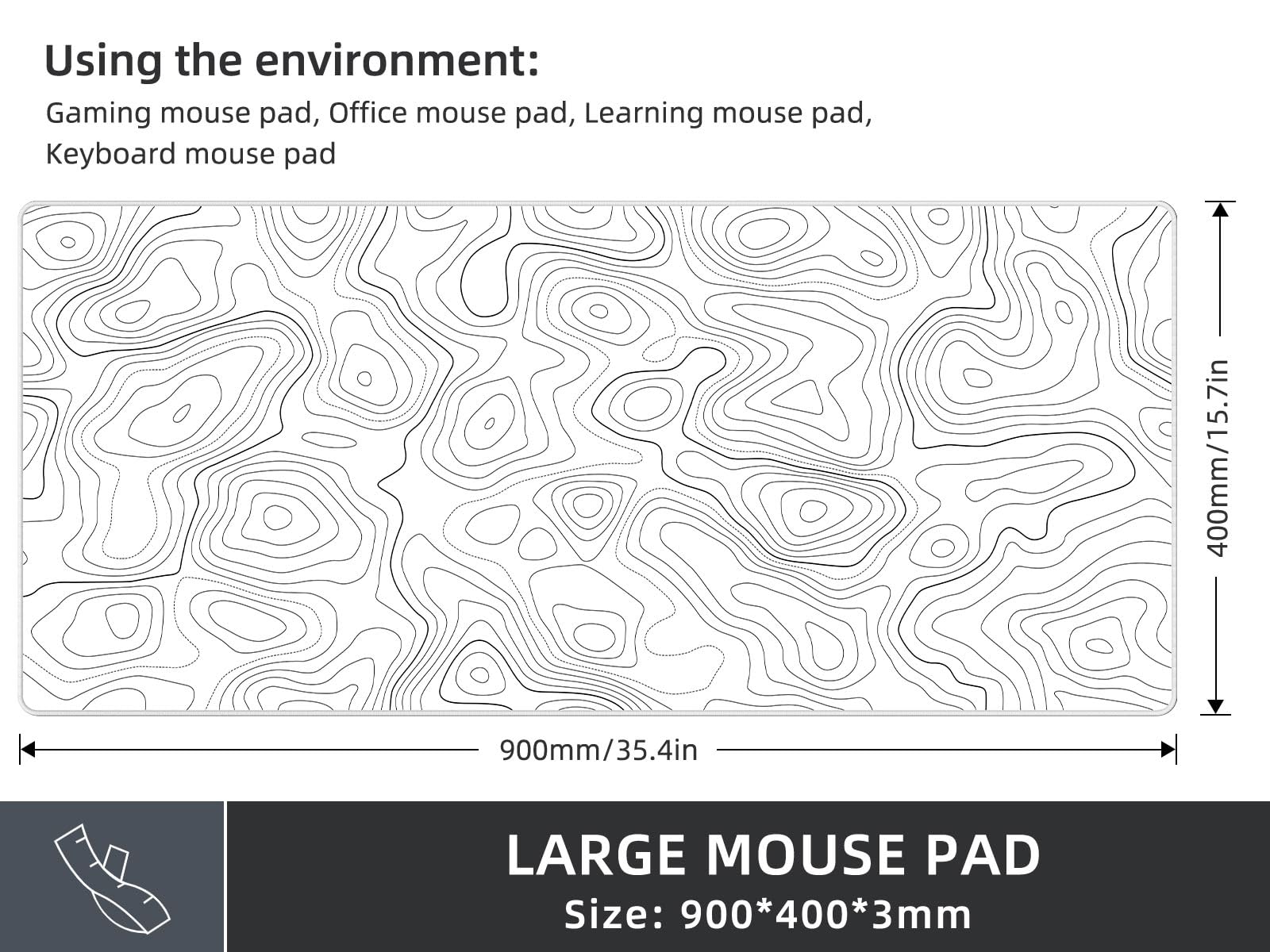 Rinaze XXL Gaming Mouse Pad with White Topographic Design - Anti-Slip Keyboard Mat for PC, Office & Home Use - Extra Large Desk Accessory for Comfortable Gaming & Work