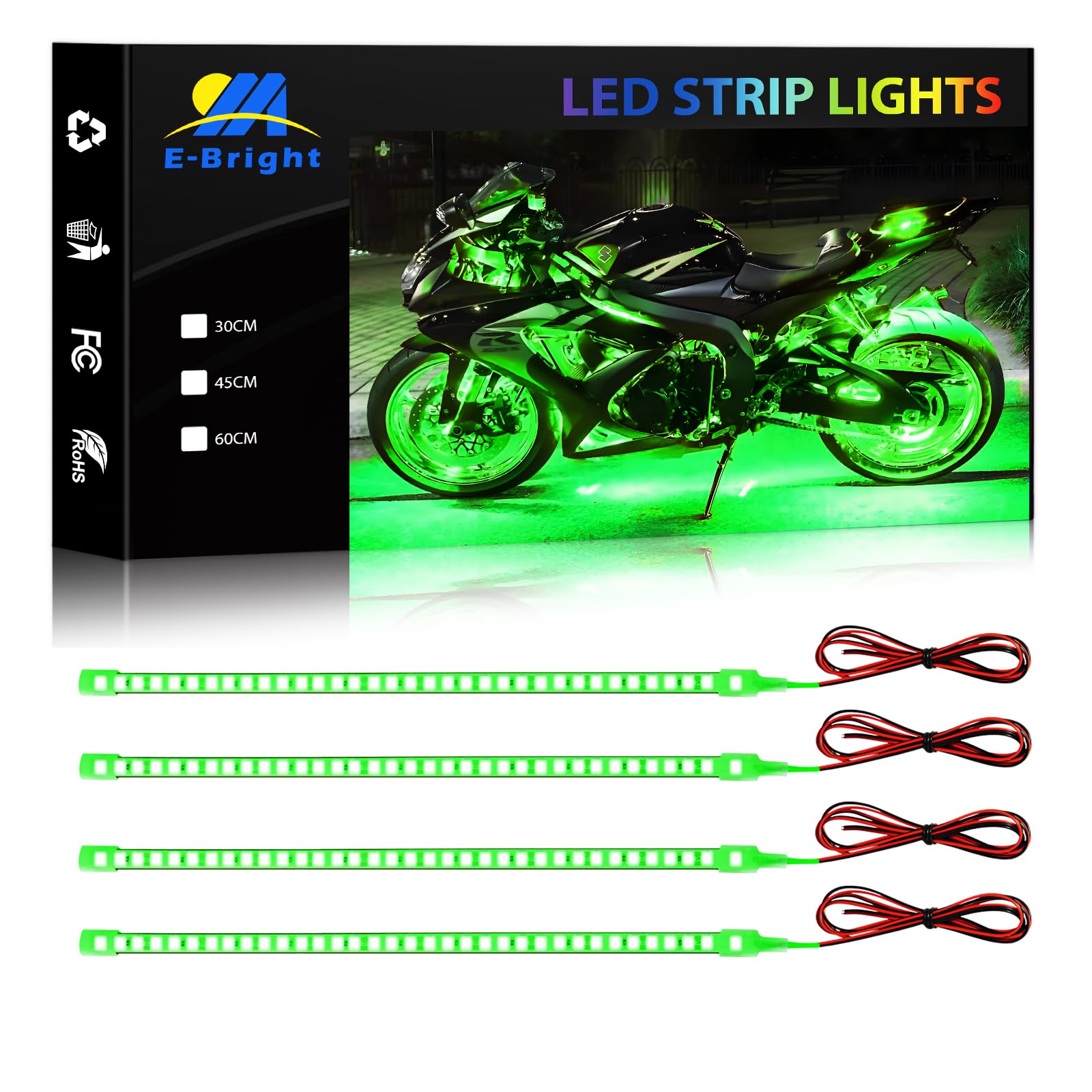 YM E-Bright 12V 12-Inch Green LED Strip Lights - Waterproof IP68, Solid Silicone, 36SMD - Perfect for Golf Carts, Motorcycles, Marine Boats, Kayaks, Interior & Exterior Lighting (Pack of 4) - Ideal for Night Rides, Parties, and Custom Vehicle Lighting