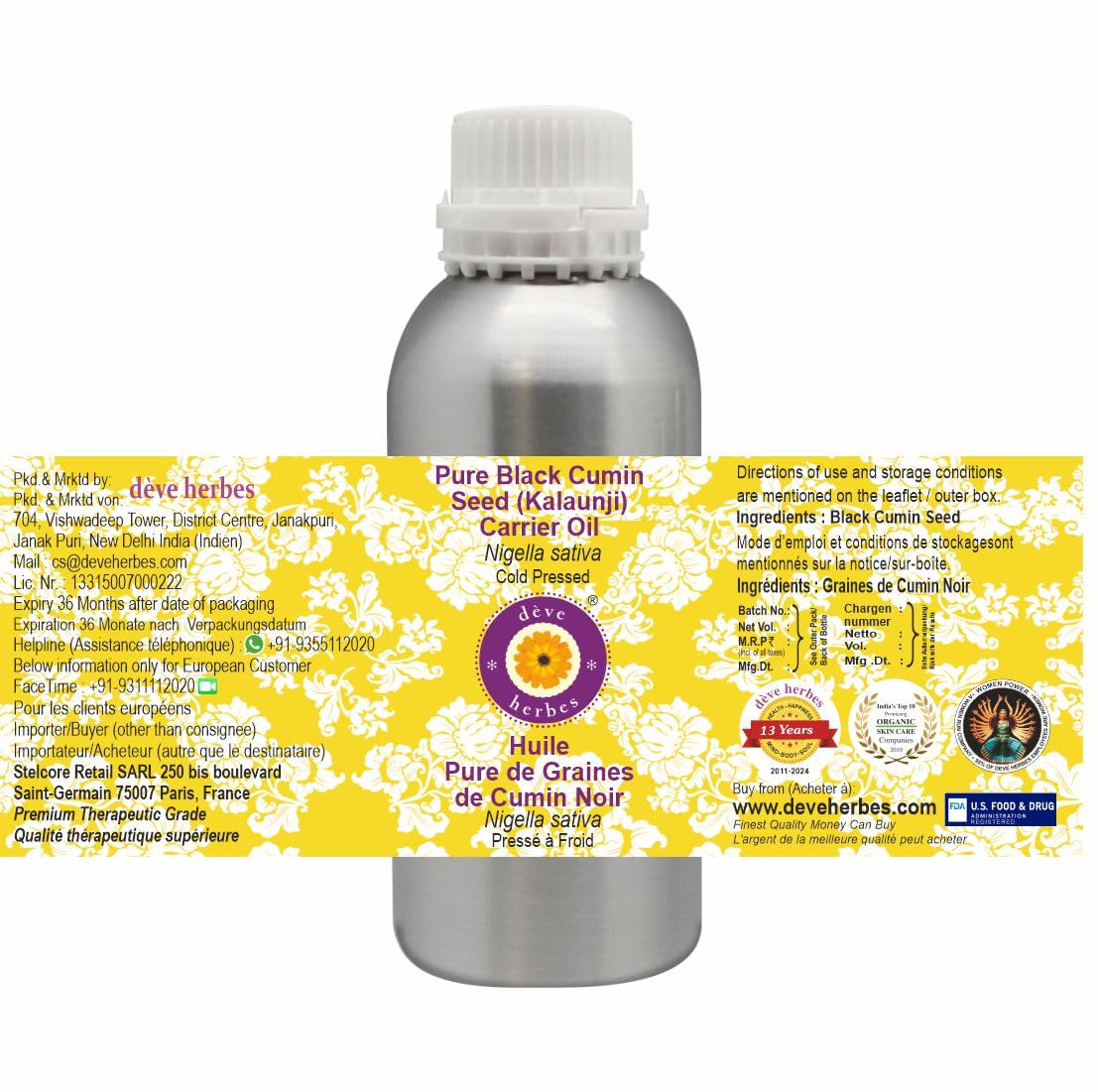 Deve Herbes Pure Black Cumin Seed Oil (Nigella Sativa) - Cold Pressed 1250ml (42 oz) Carrier Oil for Hair, Skin & Massage - Perfect for Aromatherapy & Natural Remedies
