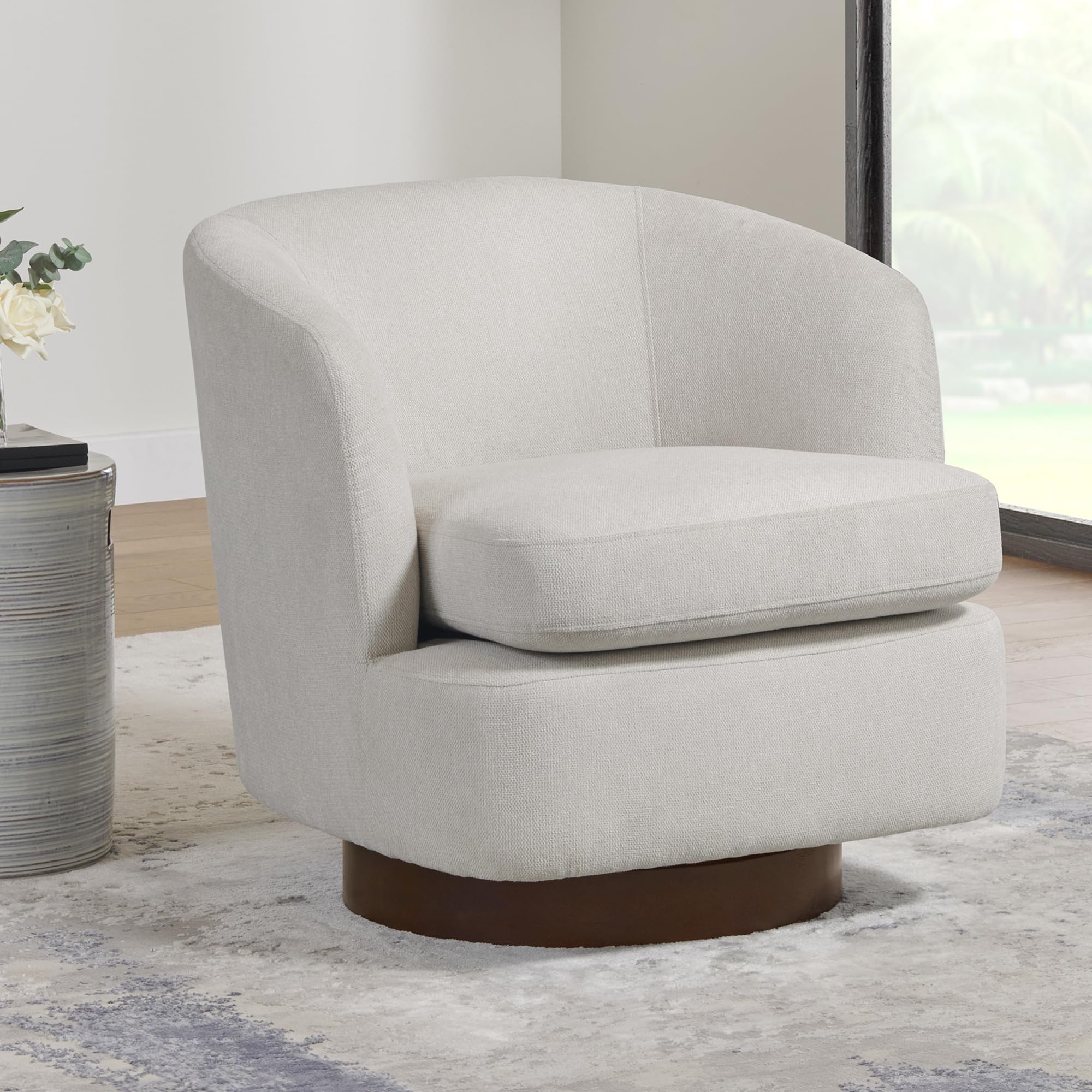Modern Swivel Accent Chair with Wood Base - Cream Barrel Armchair for Bedroom, Living Room & Office - Comfortable Lounge Chair for Reading, Waiting Areas & Home Decor (1 Piece)