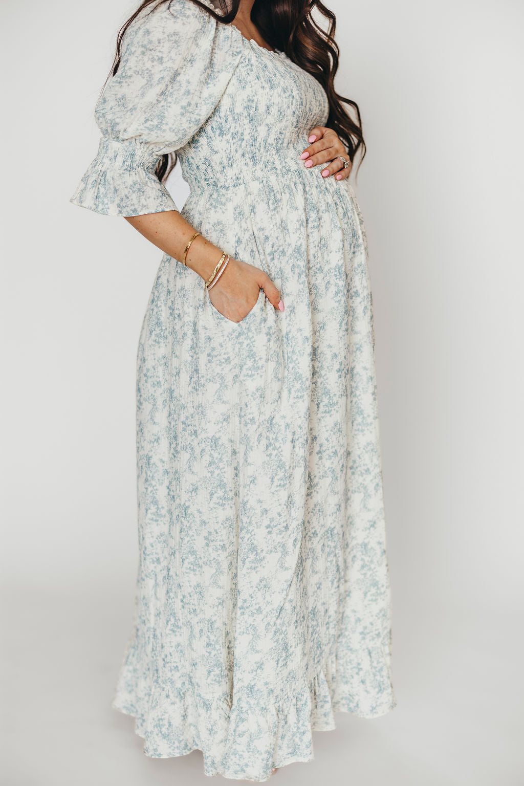 Sienna 100% Cotton Puff Sleeve Maxi Dress - Blue Floral Print Maternity Dress for Pregnancy | Bump Friendly, Comfortable & Stylish for Summer, Beach, Vacation & Special Occasions