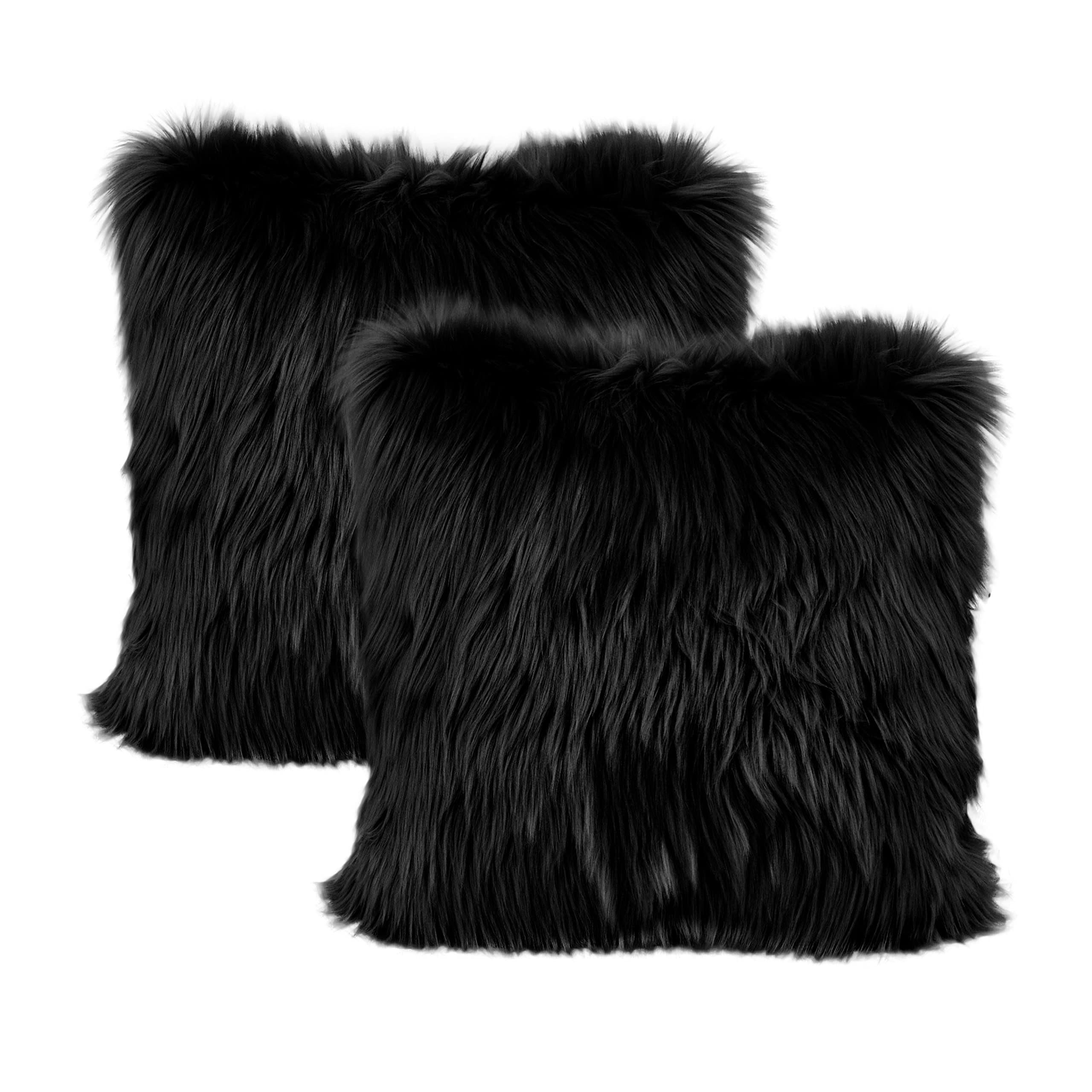 LIGICKY Set of 2 Black Fluffy Pillows - Luxury Soft Faux Fur Throw Pillow Covers 16x16 Inches - Decorative Square Plush Cushion Cases for Sofa, Couch, Bed & Home Decor - Perfect for Living Room, Bedroom & Cozy Spaces