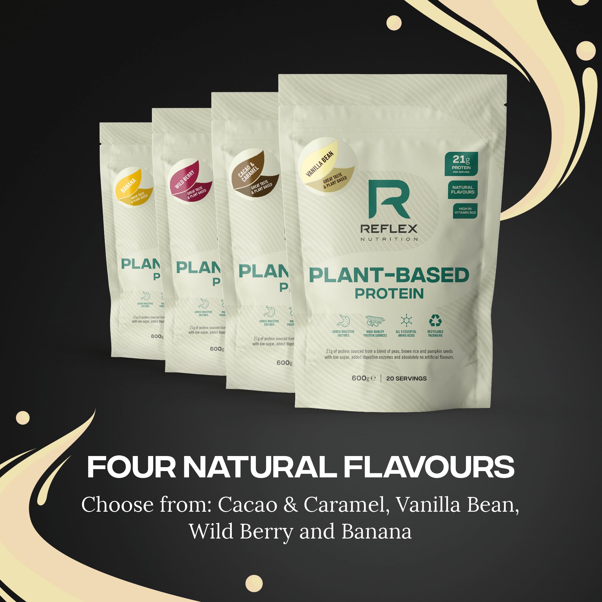 Reflex Nutrition Plant Based Protein Powder - 21g Vegan Protein per Serving (Pea, Brown Rice & Pumpkin Seed Protein) with Digestive Enzymes & Vitamin B12 - Vanilla Bean Flavor (20 Servings) - Ideal for Post-Workout Recovery, Muscle Growth & Vegan Diet Supplement