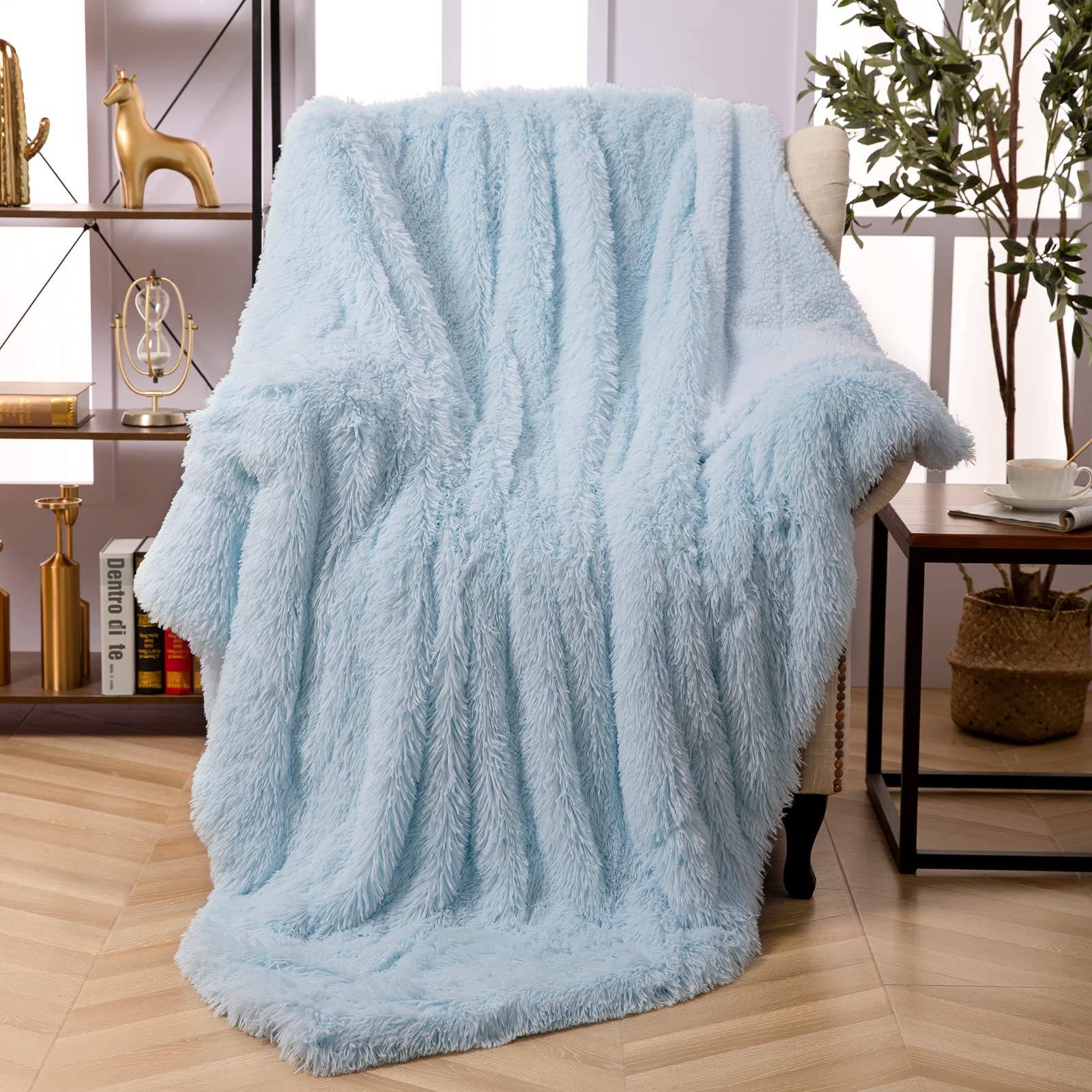 Premium Faux Fur Throw Blanket - Ultra Soft Lightweight Shaggy Plush Blanket for Couch, Bed & Chair - Warm Cozy Fluffy Decorative Blanket for Living Room, Bedroom & Office (Light Blue, 51