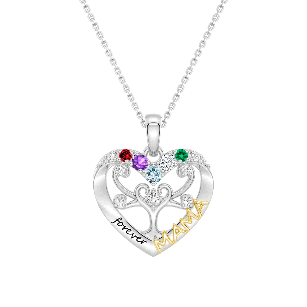 Custom Birthstone Heart Tree Necklace - Personalized Forever MAMA Pendant Jewelry Gift for Mom, Women, Wife | Mother's Day, Birthday, Anniversary Present | Elegant Everyday Wear & Special Occasions