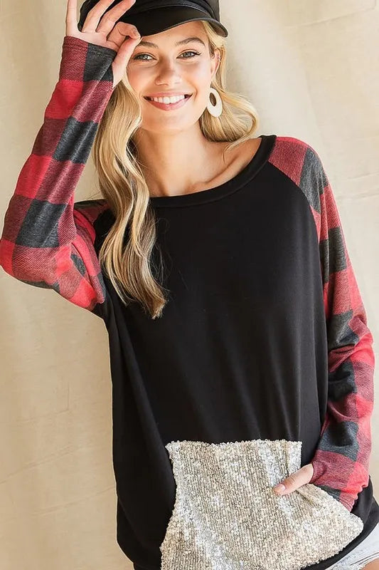 BiBi French Terry Top with Sequins Kangaroo Pocket - Stylish Women's Casual Pullover Sweatshirt for Everyday Wear, Lounge & Outings