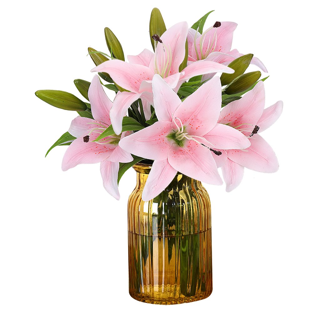 RERXN Artificial Tiger Lily Latex Real Touch Flowers - Pack of 5 Light Pink Fake Flowers for Home Decor, Wedding Centerpieces, Party Arrangements & Table Decorations