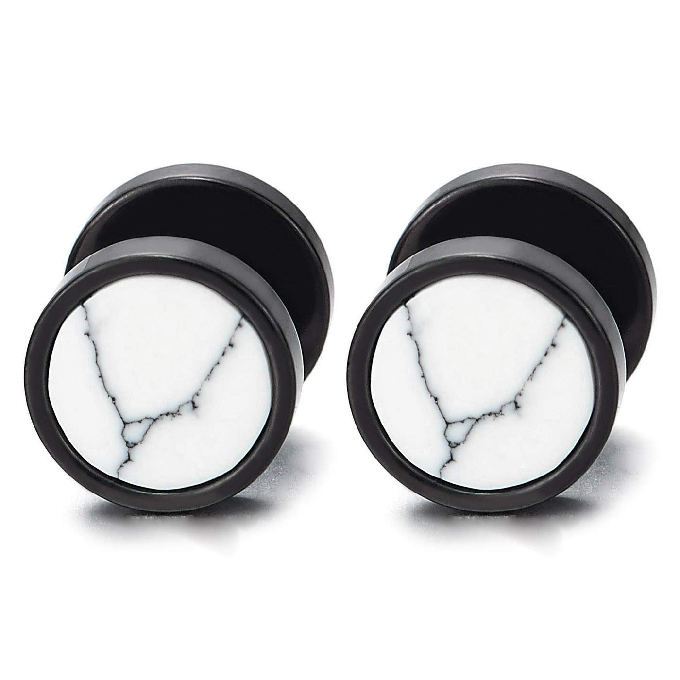 Black Circle Stud Earrings for Men & Women - Stainless Steel Fake Ear Plugs with White Marble Stone Design | Perfect for Everyday Wear, Parties & Alternative Fashion Styles