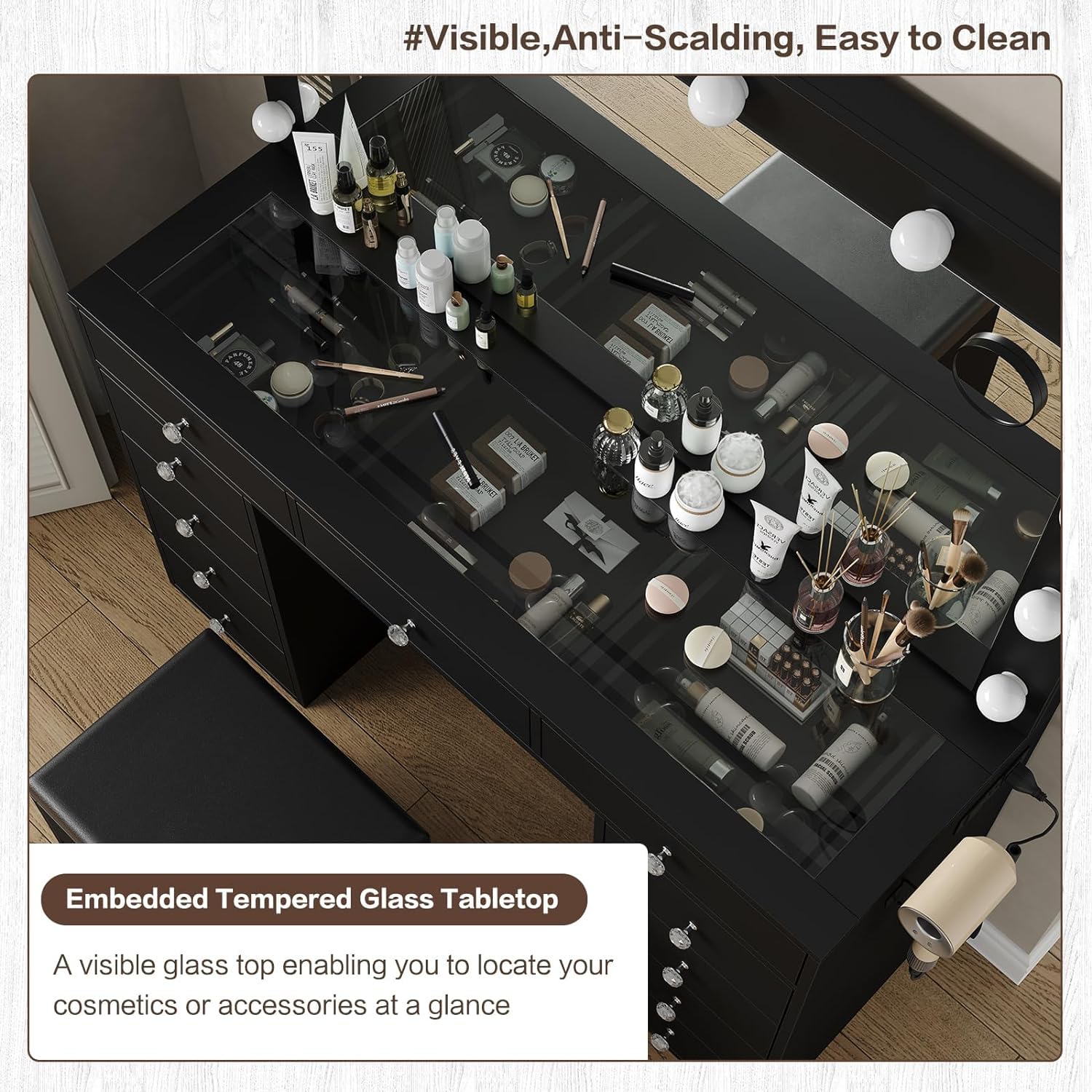 Vanity Desk with Power Outlet & 12 LED Lights - Makeup Vanity Table with Mirror, 3 Lighting Modes, 11 Drawers & Chair - Glass Top Dressing Table for Bedroom, Dressing Room (Black) | Perfect for Makeup Application, Skincare Routine & Home Salon Setup