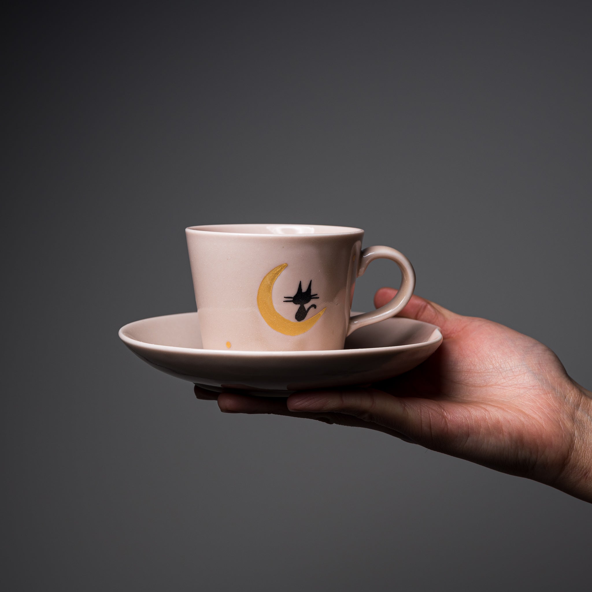 Moon and Cat Themed Cup and Saucer Set - 3 Colors (Crescent Moon Kitty Design) - Perfect for Tea Time, Coffee Breaks, and Gift Giving