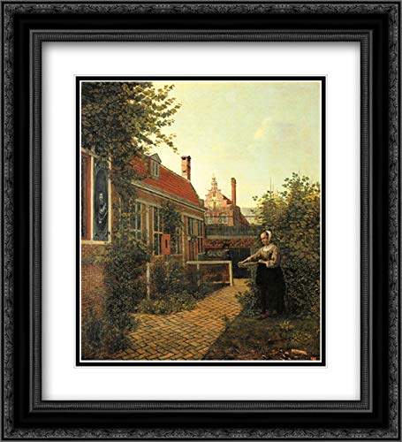 Pieter de Hooch Museum Art Print - Woman With Basket of Beans in Kitchen Garden, 20x22 Black Ornate Framed Painting, Double Matted - Perfect for Dining Room, Living Room or Office Wall Decor