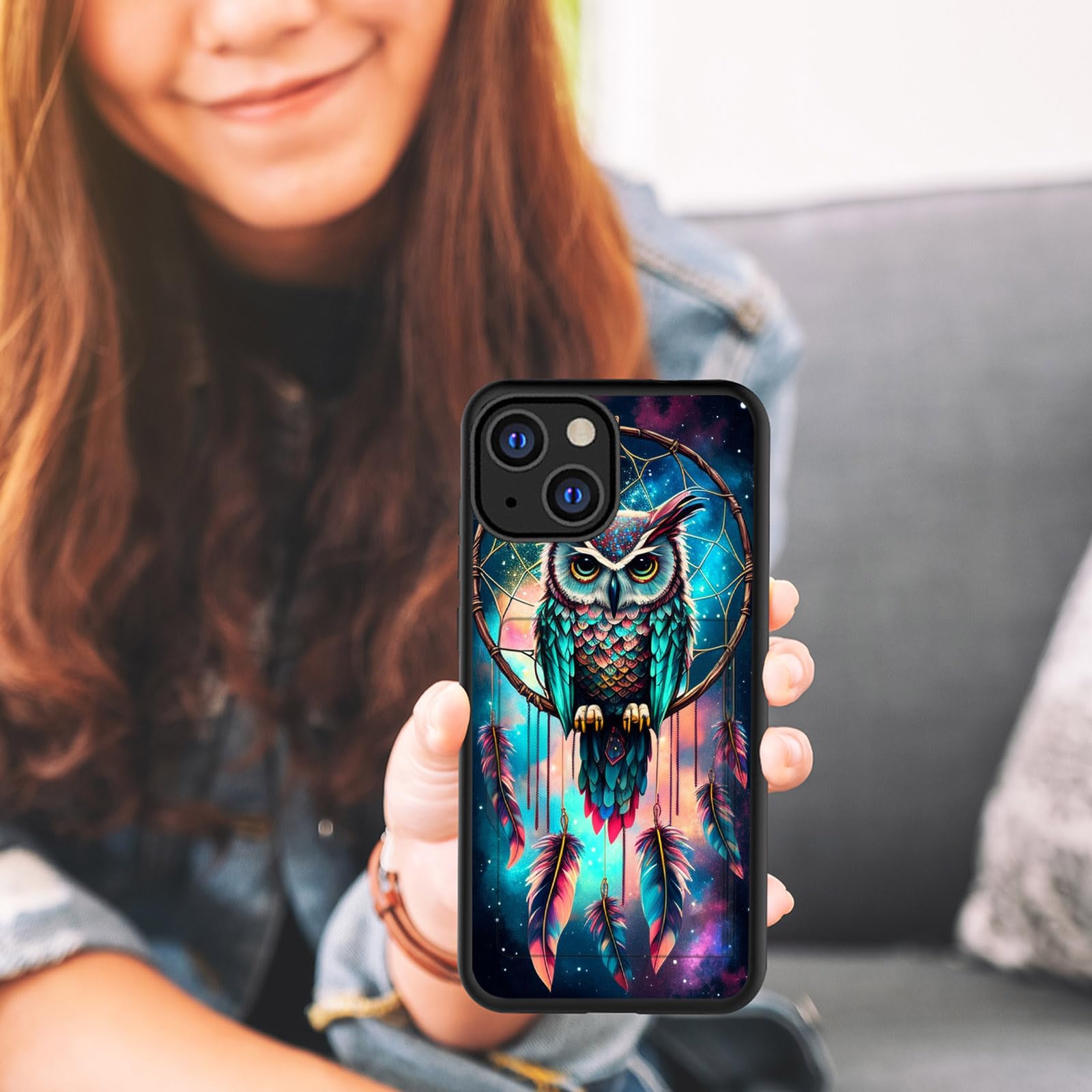Shockproof Armor Hybrid Case with Card Holder for iPhone 12 Pro Max (6.7 Inch 2020) - Rugged Silicone Protective Wallet Cover Featuring Owl Dream Catcher Design | Perfect for Outdoor Adventures, Travel & Everyday Use