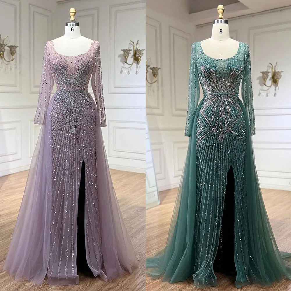 Elegant Pink Beaded Mermaid Evening Dress with Overskirt Split for Women - Luxury Wedding Party Gown 2025 LA72431 | Perfect for Prom, Red Carpet & Formal Events