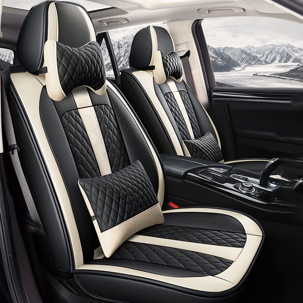 Premium Luxury Leather Car Seat Covers for Peugeot 508 GT Line & Hybrid - Waterproof, Scratchproof, Non-Slip, Airbag Compatible Full Set (Black/Beige) - Perfect for Daily Commute & Long Road Trips