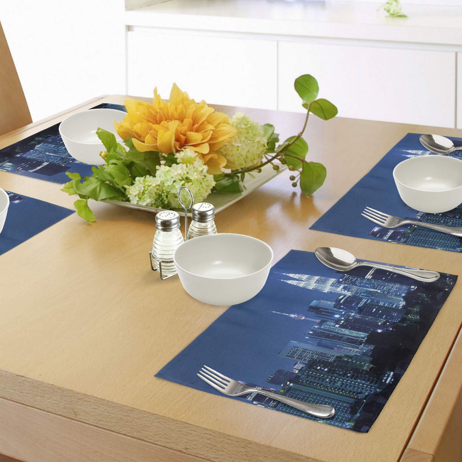 Ambesonne 4-Pack Kuala Lumpur Skyline Placemats - Monochrome KLCC Twin Towers Design, Washable Fabric Table Mats for Dining Room & Kitchen Decor (Navy Black) | Perfect for Dinner Parties, Home Decor & Gift Giving