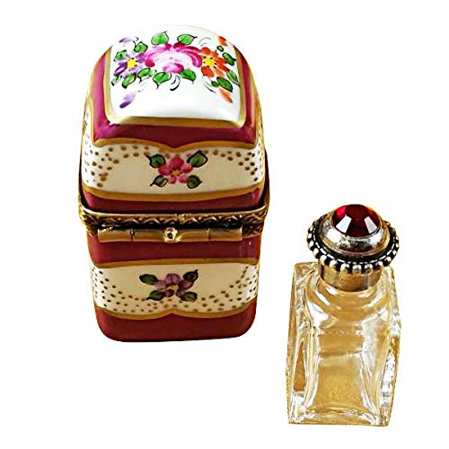 French Limoges Porcelain Collectible Box - Burgundy Tall Floral Design with Bottle Figurine | Elegant Home Decor, Gift for Collectors & Special Occasions