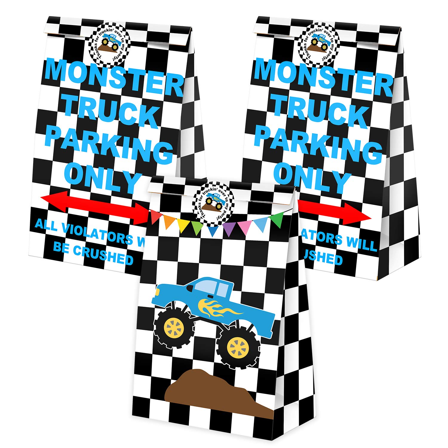 24 Pack Monster Truck Party Favor Bags with Stickers - Bulk Goodie Gift Treat Bags for Kids Birthday Party Supplies - Perfect for Monster Truck Themed Birthday, School Events & Carnival Prizes