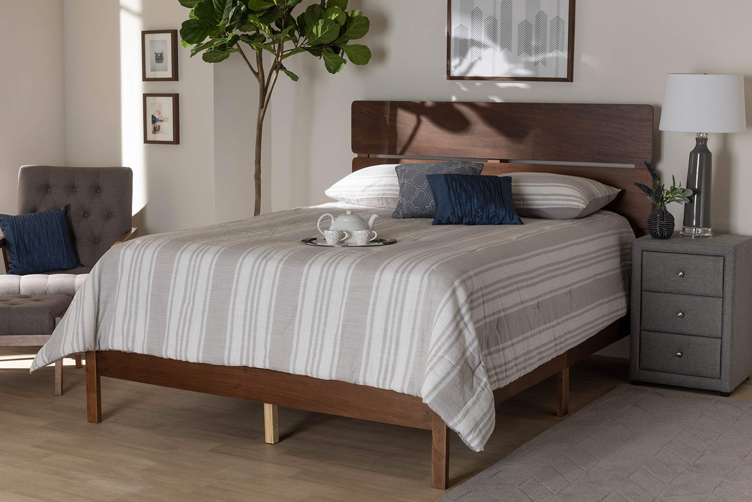 Baxton Studio Queen Size Bed Frame with Walnut Finish - Requires Box Spring - Perfect for Modern Bedrooms, Guest Rooms & Master Suites