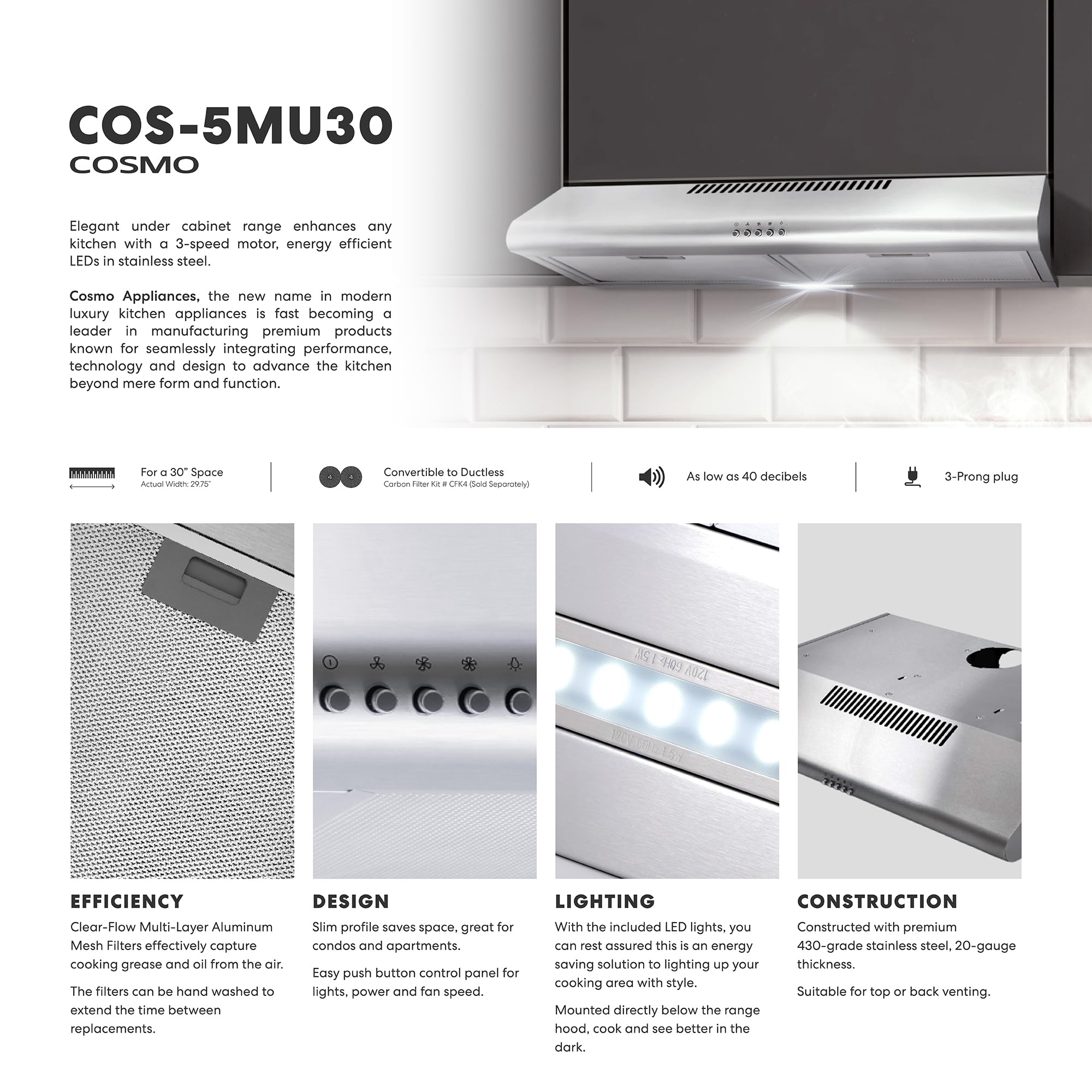 COSMO COS-5MU30 30-inch Stainless Steel Under Cabinet Range Hood with LED Lights & Reusable Filters - Delta Collection for Modern Kitchens | Perfect for Home Cooking & Ventilation