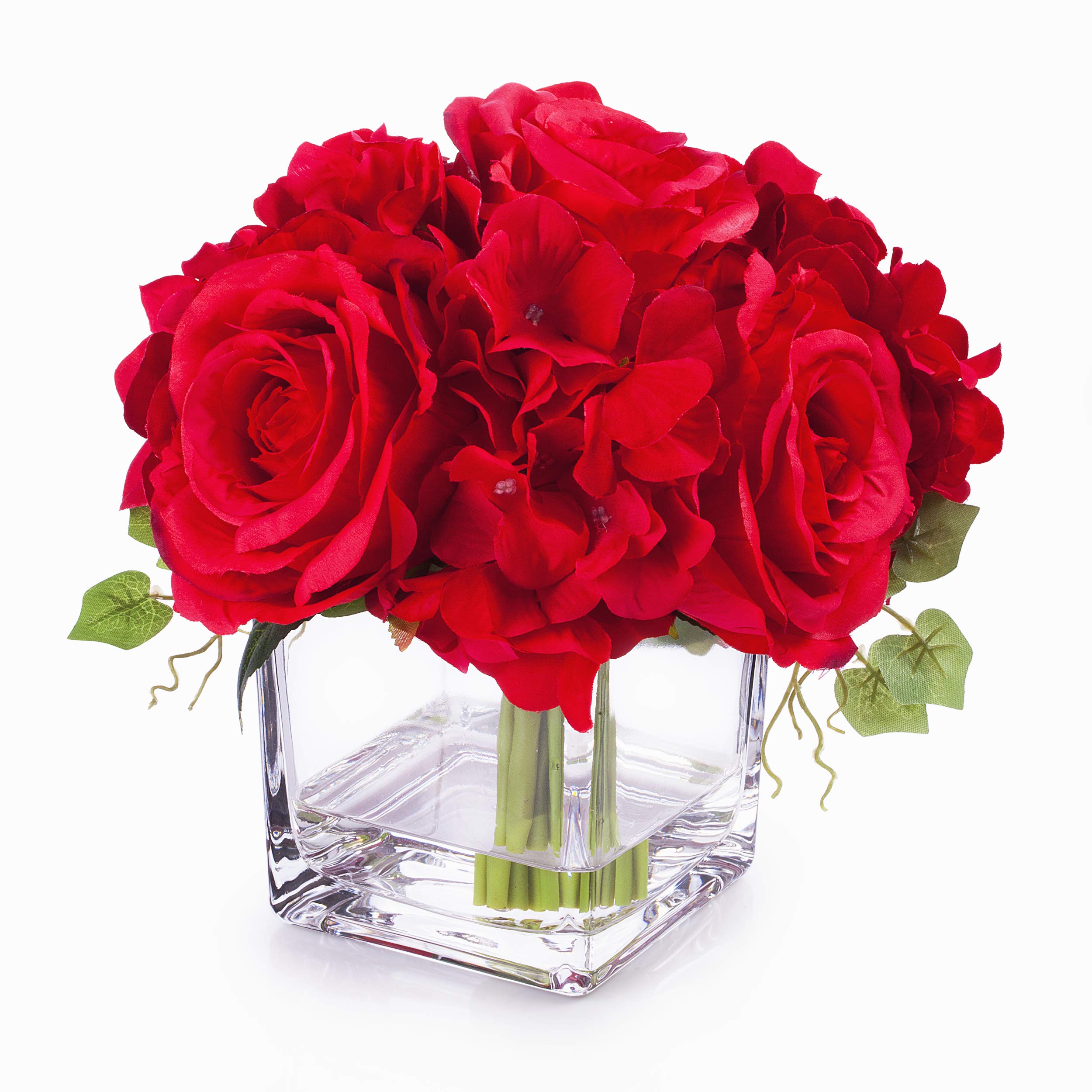 ENOVA HOME Artificial Silk Rose Hydrangea Flowers in Cube Glass Vase - Red Floral Arrangement for Wedding, Home, Office Decor | Perfect for Centerpieces, Table Decorations & Gift Ideas