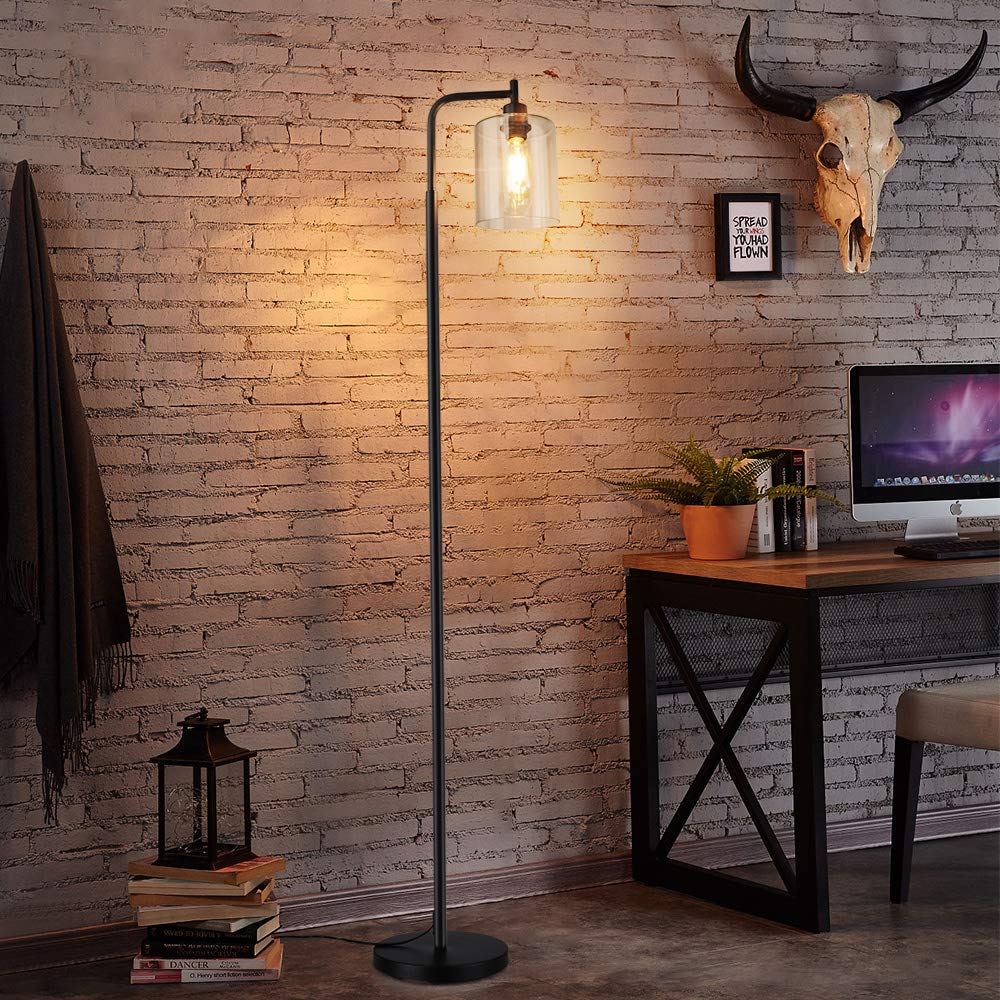 DLLT Industrial LED Floor Lamp with Clear Glass Shade - Tall Standing Light for Bedroom, Living Room & Office - Adjustable Reading Light with E26 Socket - Modern Black Pole Light for Home Decor & Workspace Lighting