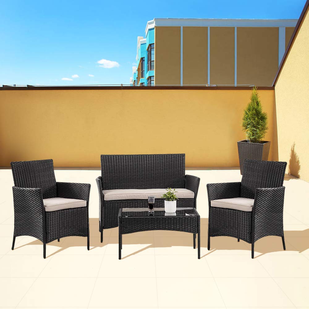 4-Piece Outdoor Patio Furniture Set - All-Weather Wicker Sectional Sofa with Coffee Table & Soft Cushions - Perfect for Garden, Deck, Balcony, Lawn or Porch (Black) - Ideal for Relaxing, Entertaining & Outdoor Lounging