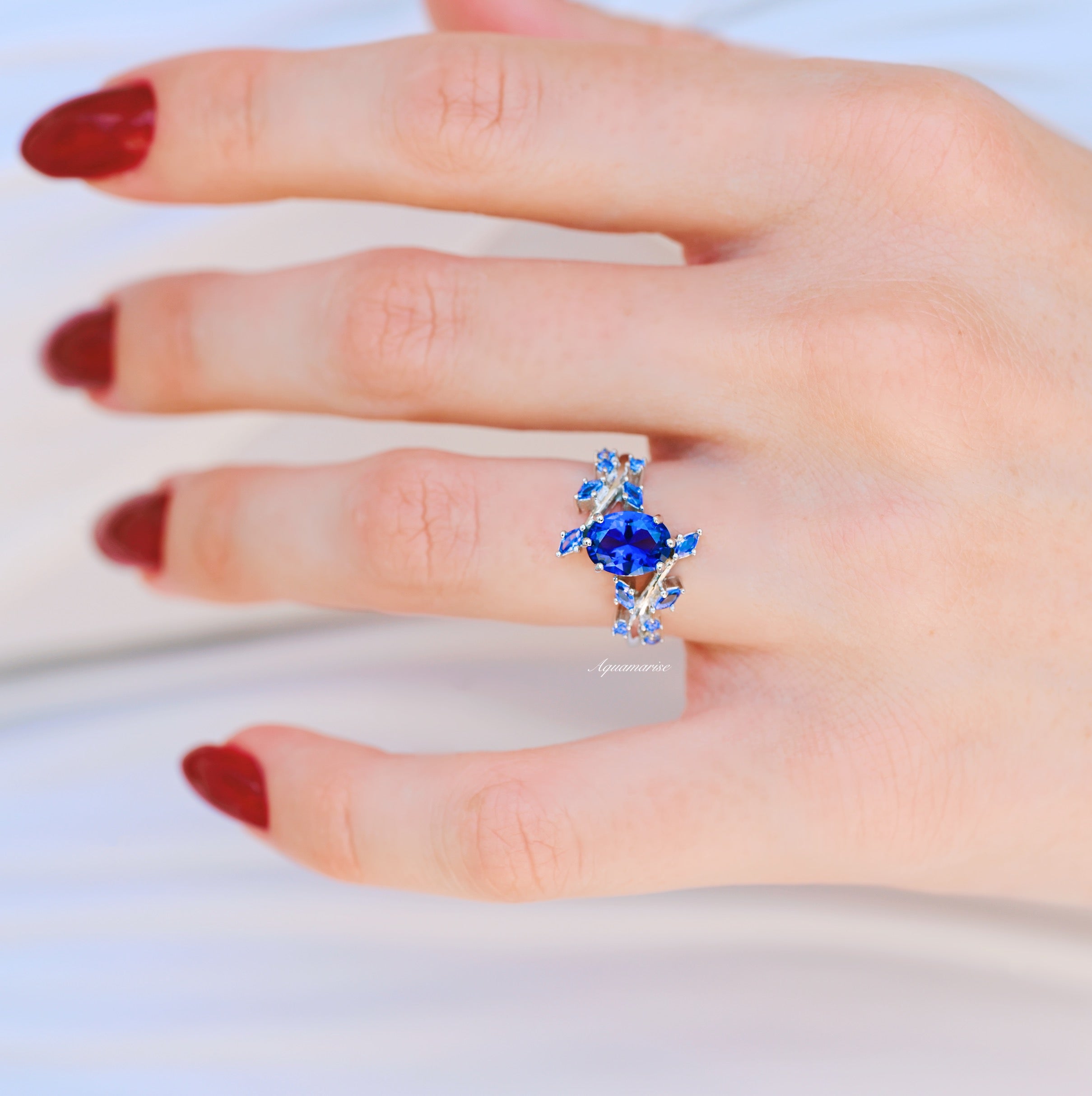 14K White Gold Cornflower Sapphire Leaf Ring - Elegant Nature-Inspired Jewelry for Women, Perfect for Weddings, Anniversaries & Everyday Wear