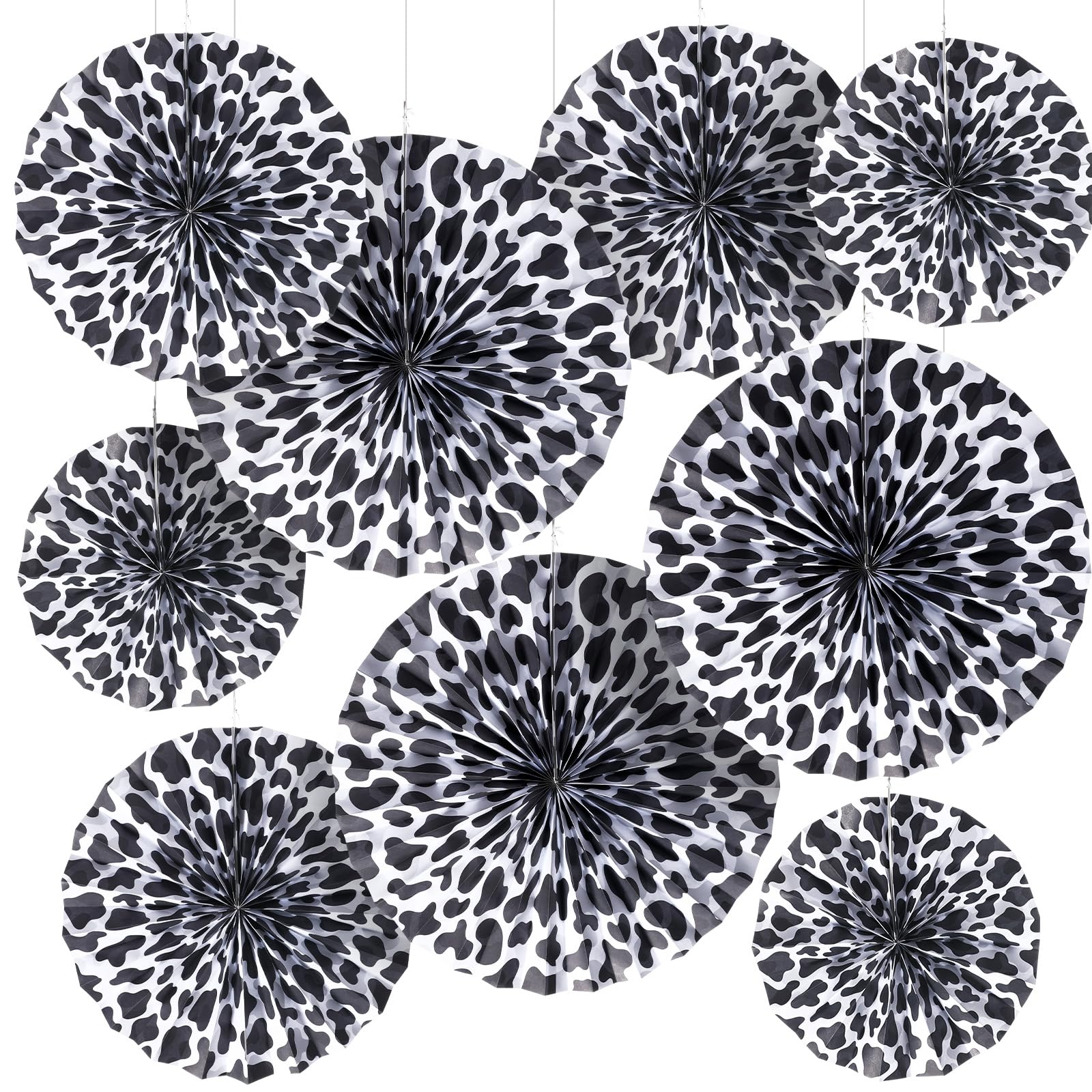 Outus 9-Piece Cow Print Paper Fans - Farm Animal Classroom Decor, Dalmatian Print Party Supplies for Western Birthday & Baby Shower (Black & White) | Perfect for Farm Theme Parties, School Events & Nursery Decorations