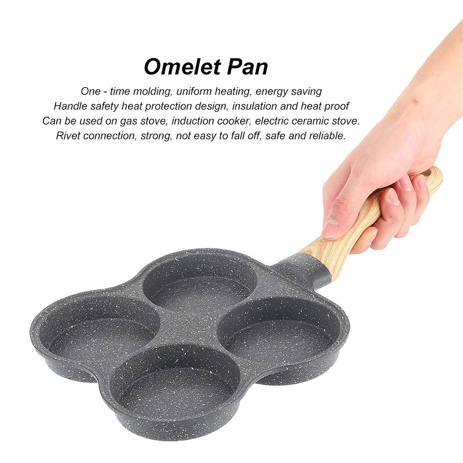Nonstick 4-Hole Egg Frying Pan with Wooden Handle - Aluminum Omelette & Pancake Cooker for Perfect Poached Eggs, Burgers & Steaks - Ideal for Breakfast, Brunch & Quick Meals