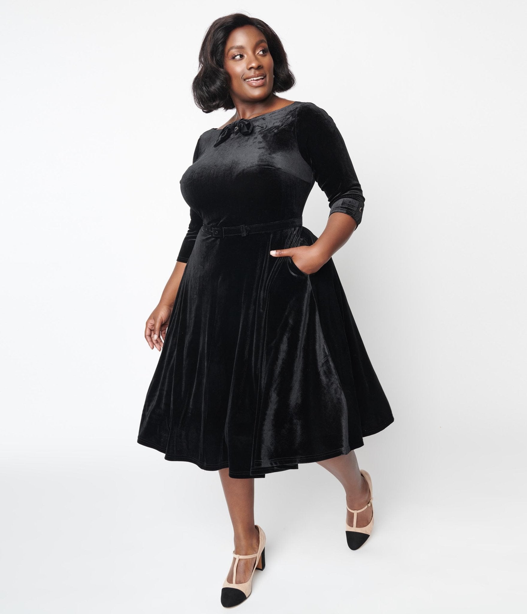 Vintage Black Velvet Swing Dress with Faux Bow - Elegant Devon Style for Parties, Weddings & Special Occasions