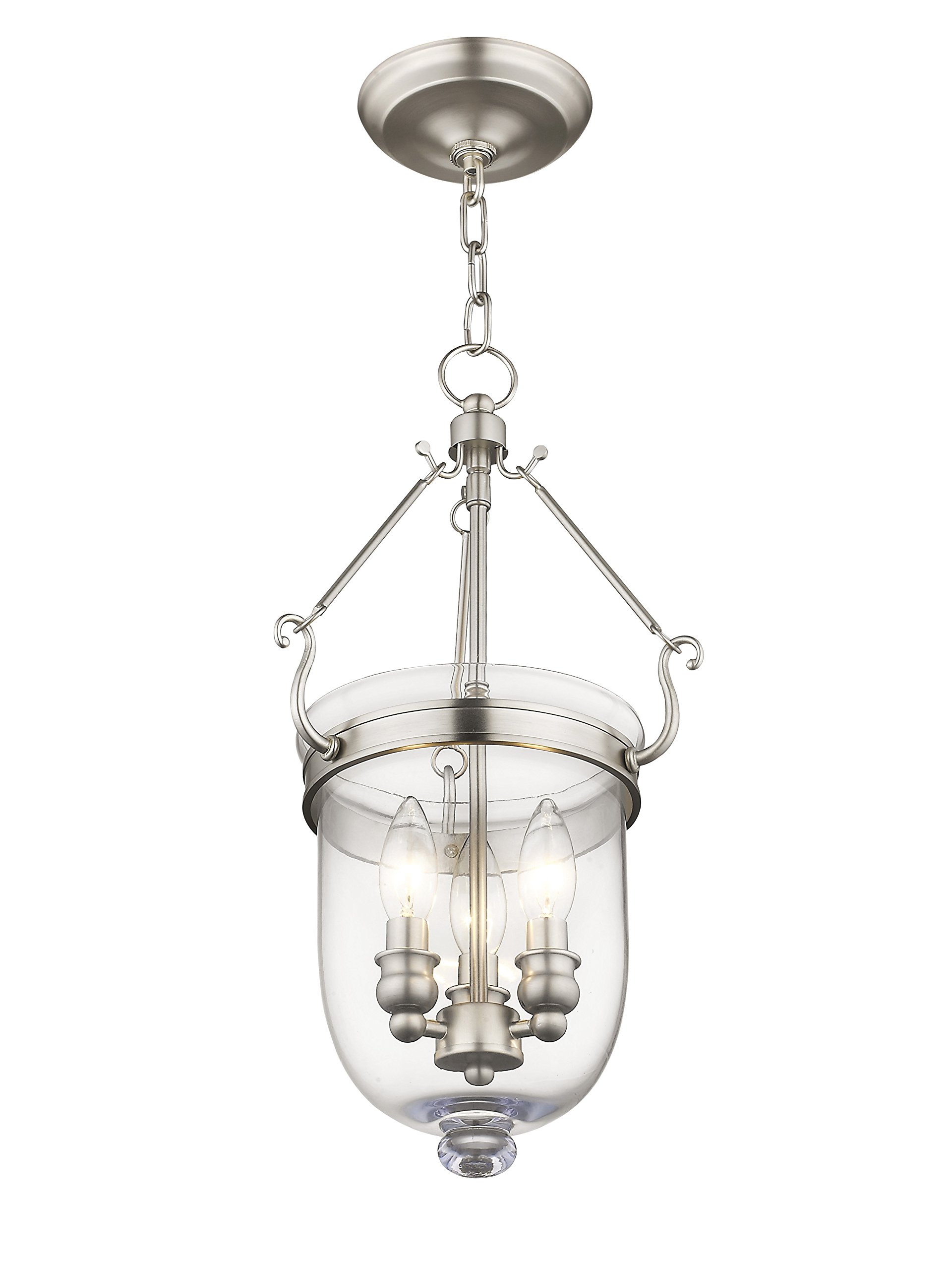 Livex Lighting Jefferson 3-Light Brushed Nickel Bell Jar Hanging Lantern with Clear Glass - Perfect for Entryway, Dining Room, or Patio Lighting
