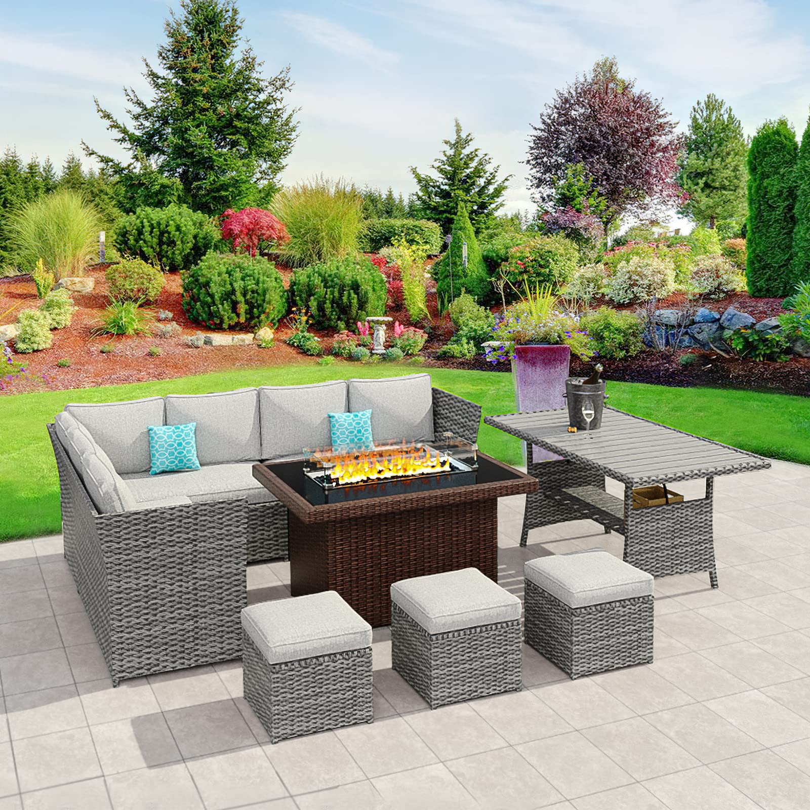 **Aoxun 8-Piece Outdoor Patio Furniture Set with Fire Pit Table - PE Wicker Rattan Sectional Sofa & Dining Set, 44