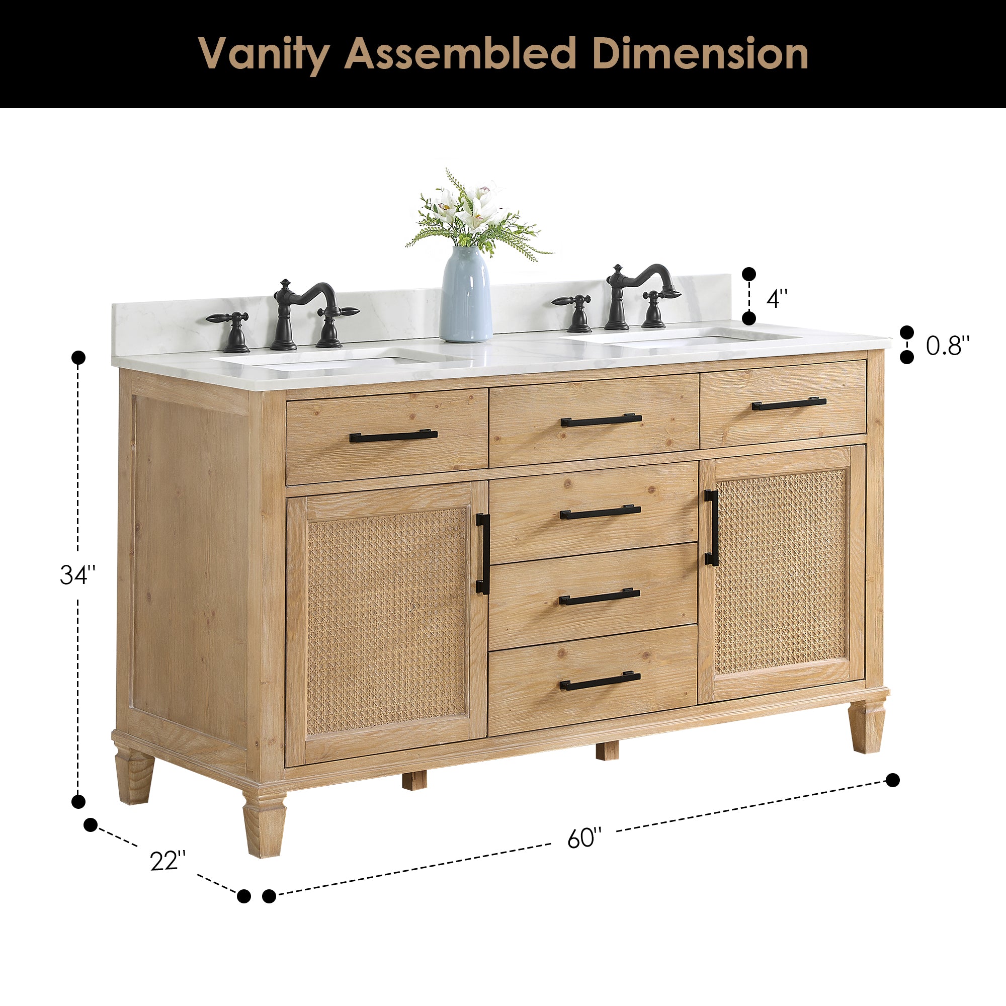 Solana 60-Inch Double Sink Bathroom Vanity in Weathered Fir with Calacatta White Quartz Countertop - Perfect for Modern Master Bathrooms & Guest Suites