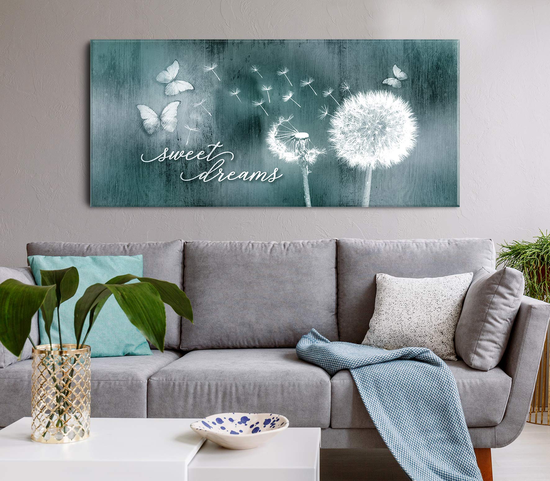 Sweet Dreams Dandelion Wall Art - Large 60x27 Teal Canvas Painting for Master Bedroom Decor, Above Bed Wall Hanging, Home Décor Sign - Perfect for Creating a Calming Atmosphere in Bedrooms