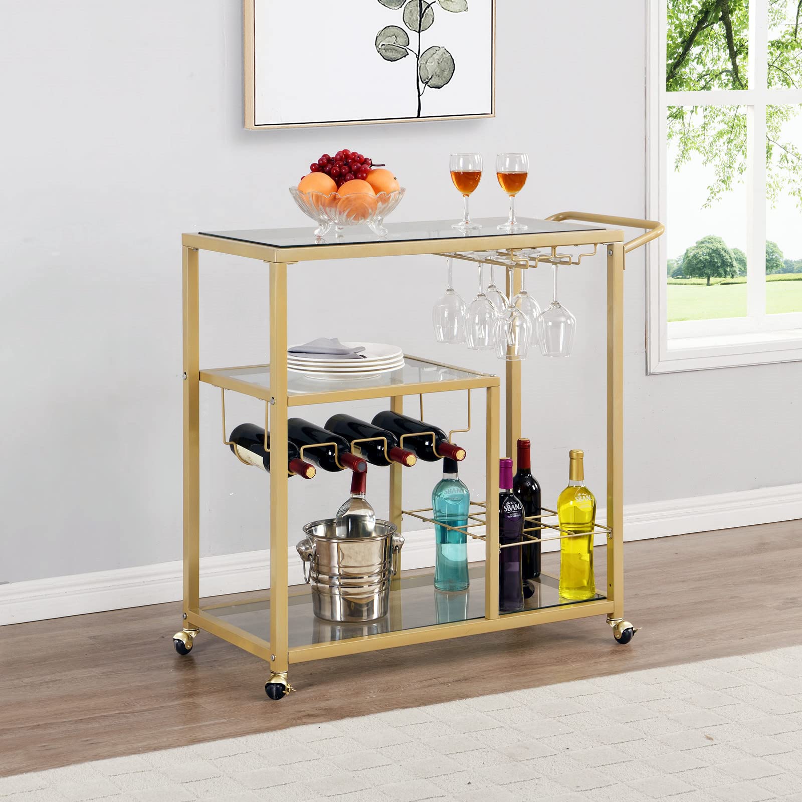 Gold Rolling Bar Cart with Wheels - 3-Tier Mobile Serving Cart with Wine Glass Holders for Kitchen, Home Bar, Party & Dining Room - Perfect for Entertaining, Cocktail Serving & Wine Storage