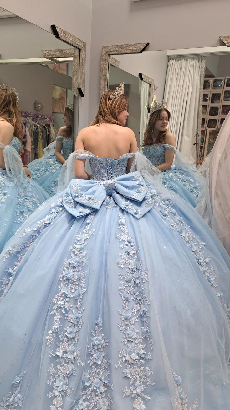 Light Blue Lace Quinceanera Dress with 3D Flowers - Sweet 16 Ball Gown for Teen Girls - Perfect for Quinceañeras, Prom, Homecoming & Special Occasions
