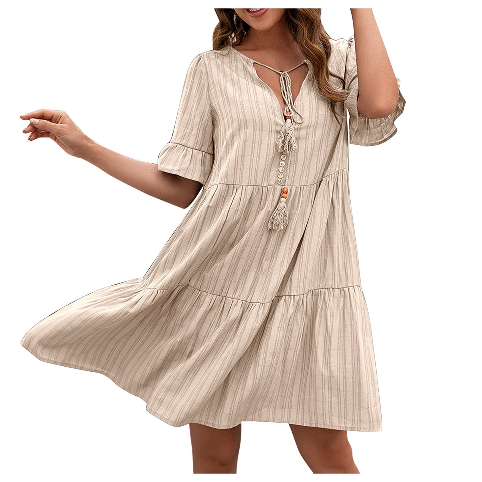 Women's Summer Swing Dress - Loose Flowy V-Neck Casual Sleeveless Dress in Champagne Pink | Perfect for Beach Vacations, Date Nights & Outdoor Parties