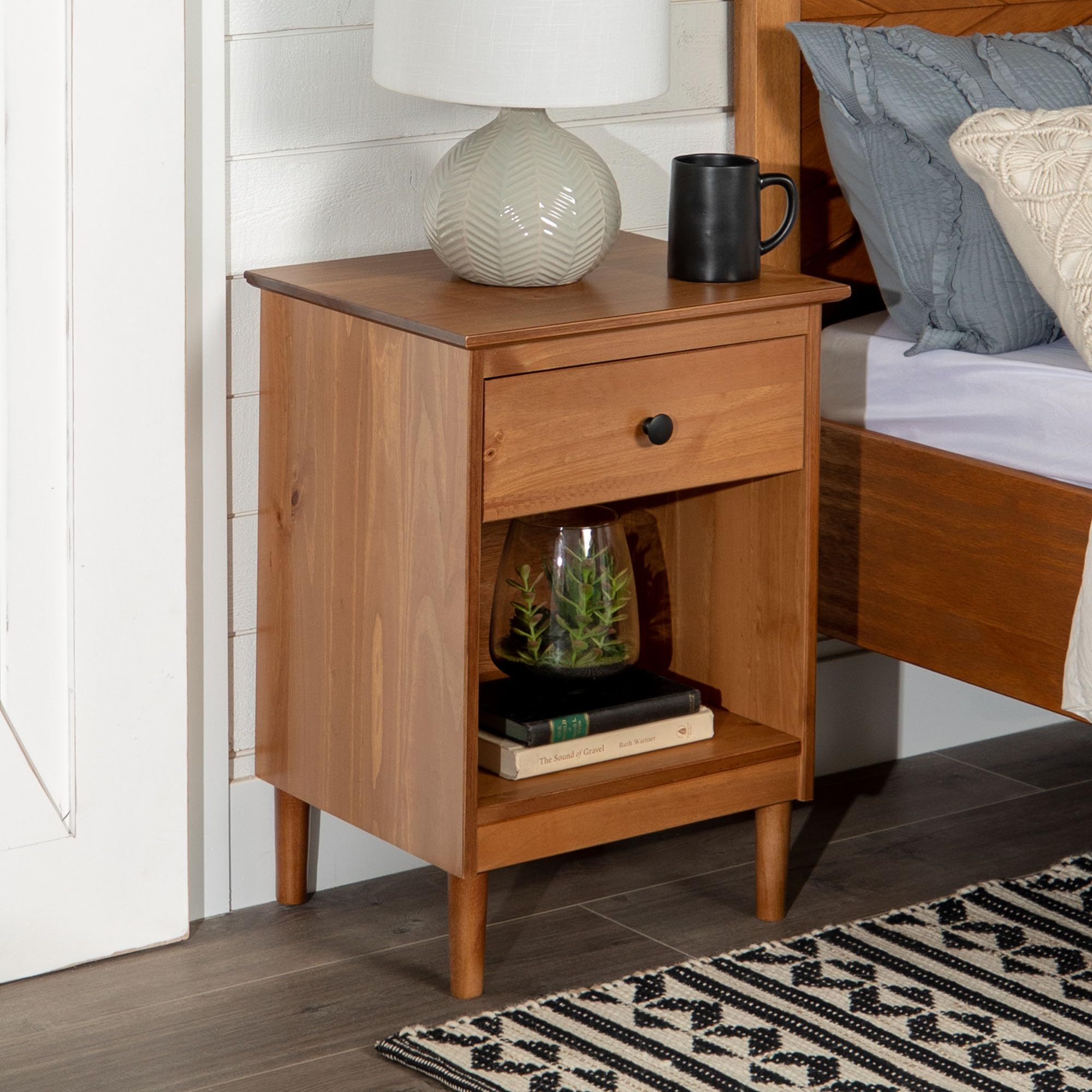 Walker Edison Traditional Wood 1-Drawer Nightstand Side Table - 18 Inch Caramel Finish Bedroom Storage with Shelf - Perfect for Bedside, Living Room, or Office Use