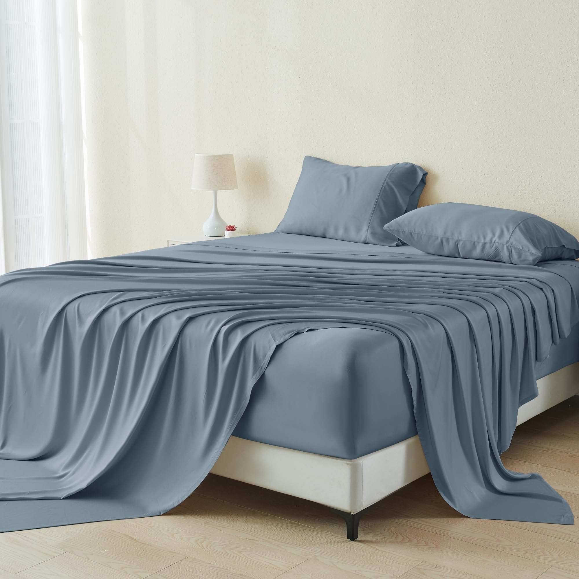 GOKOTTA 100% Bamboo Rayon Bed Sheets Set - Queen Size 4 PCS, Breathable & Soft with Elastic Corner Straps, Blue - Perfect for Hot Sleepers & Eco-Friendly Home Decor