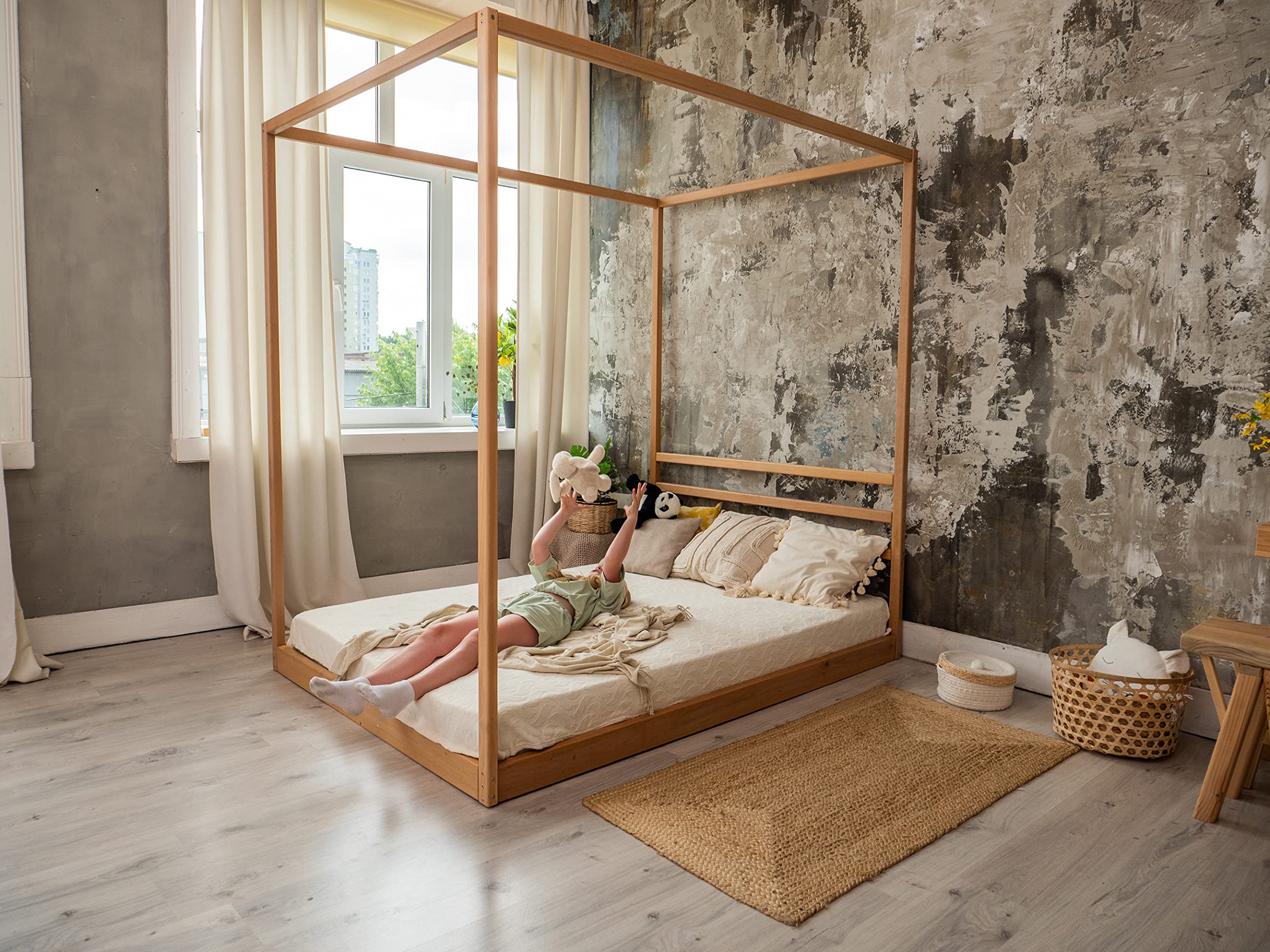 BUSYWOOD Canopy Platform Bed - Twin/Full/Queen Montessori Floor Bed Frame with Slats - Toddler & Kids Bed for Montessori & Waldorf Style Rooms - Perfect for Daytime Naps & Nighttime Sleep