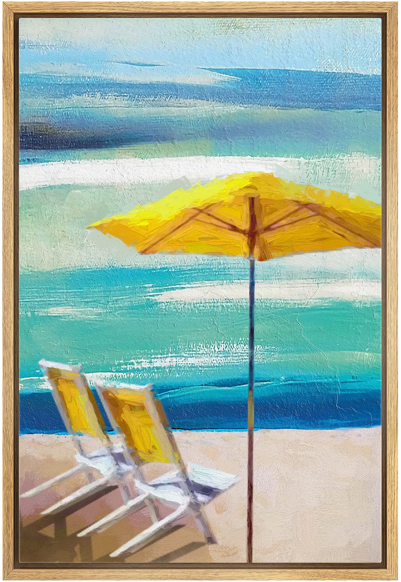 Yellow Beach Chairs & Umbrella Coastal Canvas Art Print - 16x24 Inch Framed Wall Decor for Living Room, Bedroom, Office - Tropical Beach Scene Modern Wilderness Illustration - Perfect for Coastal, Vacation & Summer Home Decor