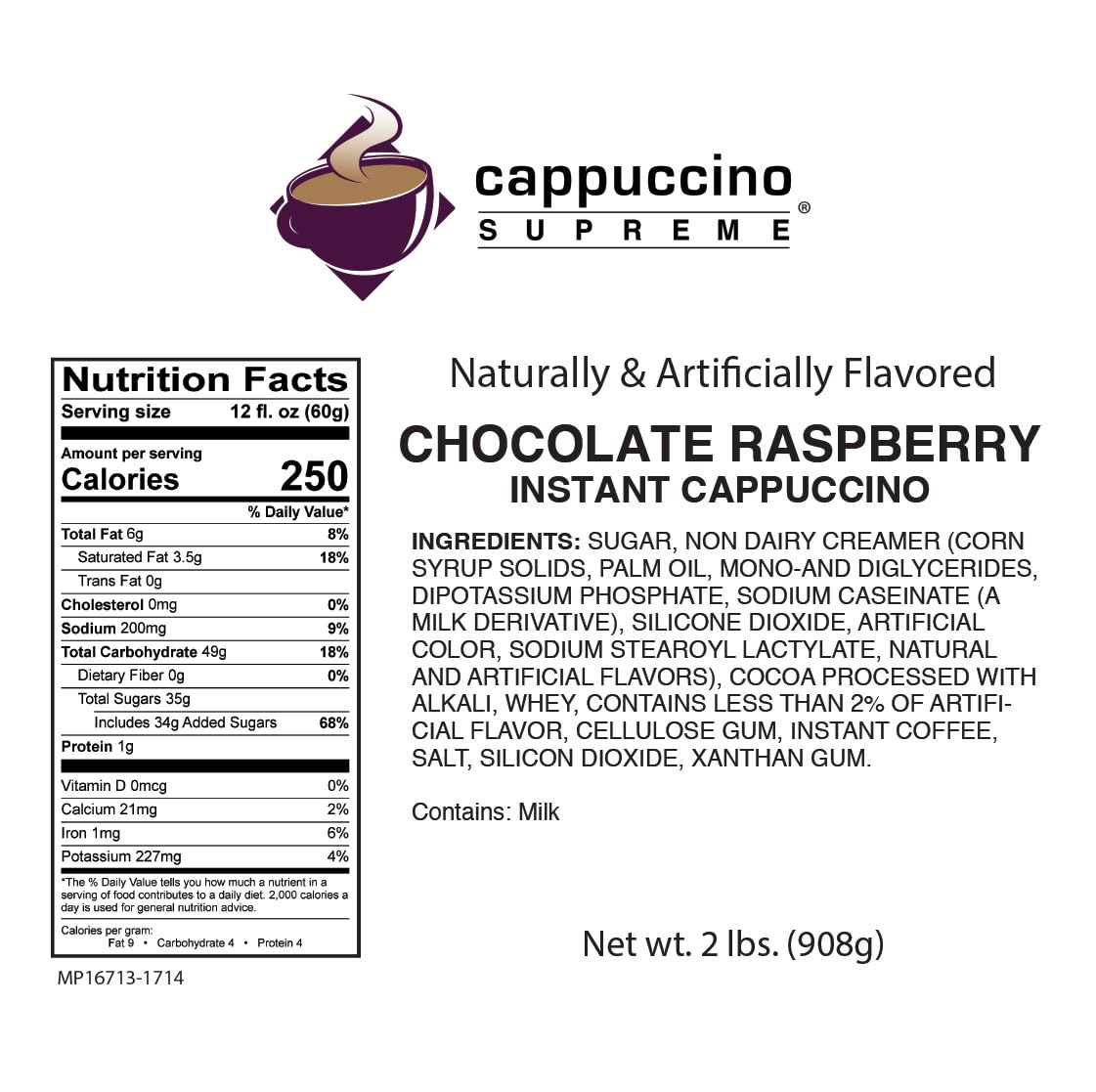 Supreme Cappuccino Mix 2 lb Bag - Chocolate Raspberry Flavor | Instant Coffee Drink for Home, Office & Gifts | Perfect for Breakfast, Dessert & Coffee Breaks