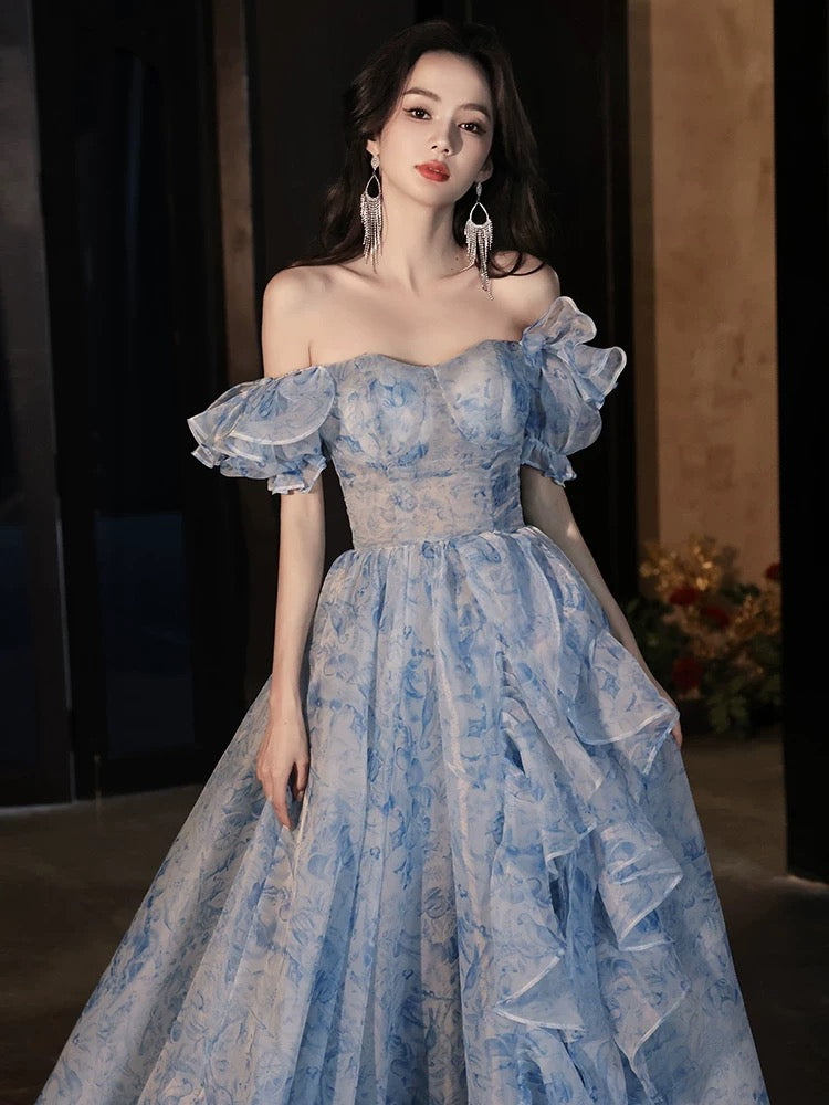 Elegant A-Line Off Shoulder Tulle Blue Long Prom Dress - Formal Evening Gown for Homecoming, Wedding, Quinceañera & Special Occasions
