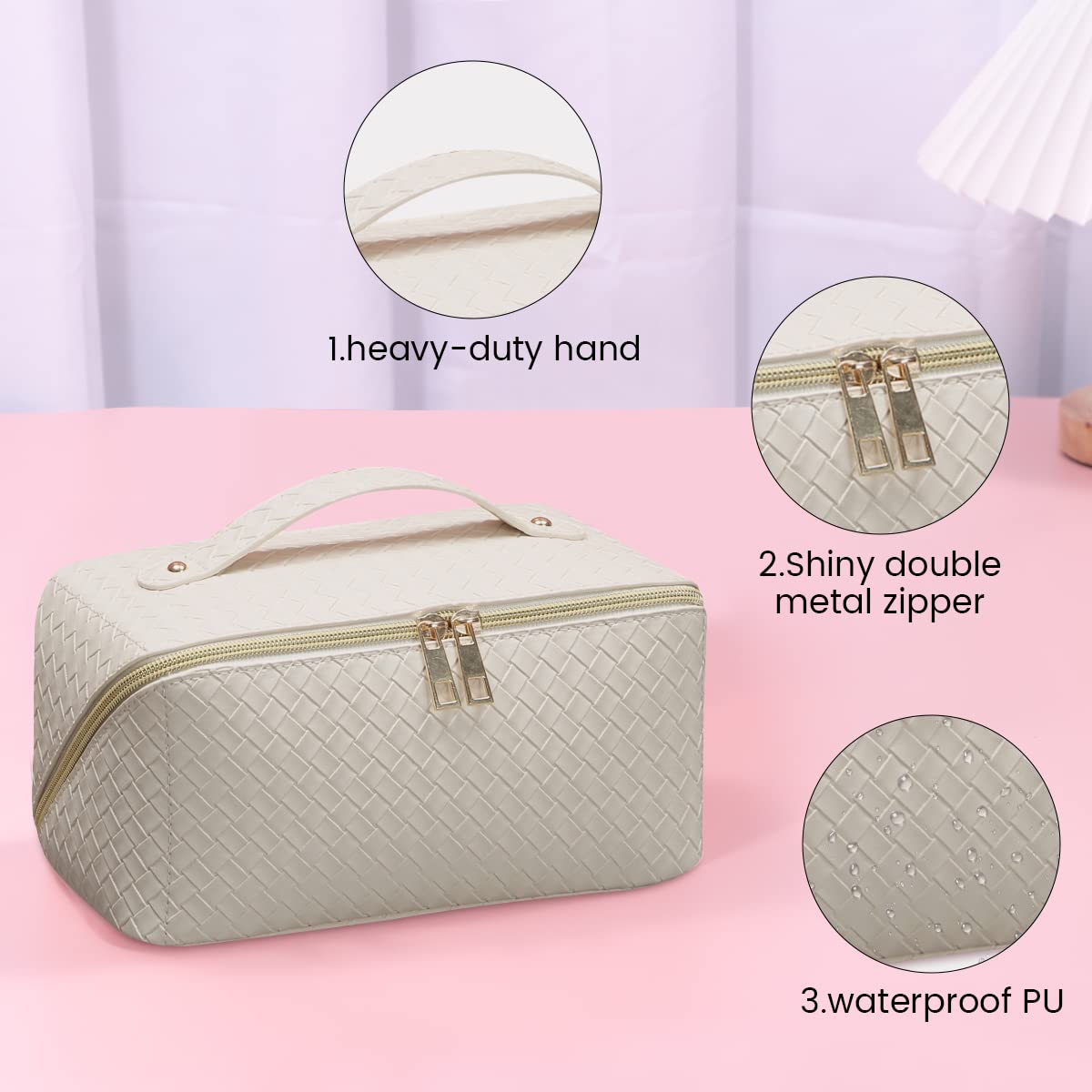 PEARLOVE Large Waterproof Makeup Bag for Travel, Women's PU Leather Cosmetic Organizer - White, Perfect for Skincare & Toiletries Storage