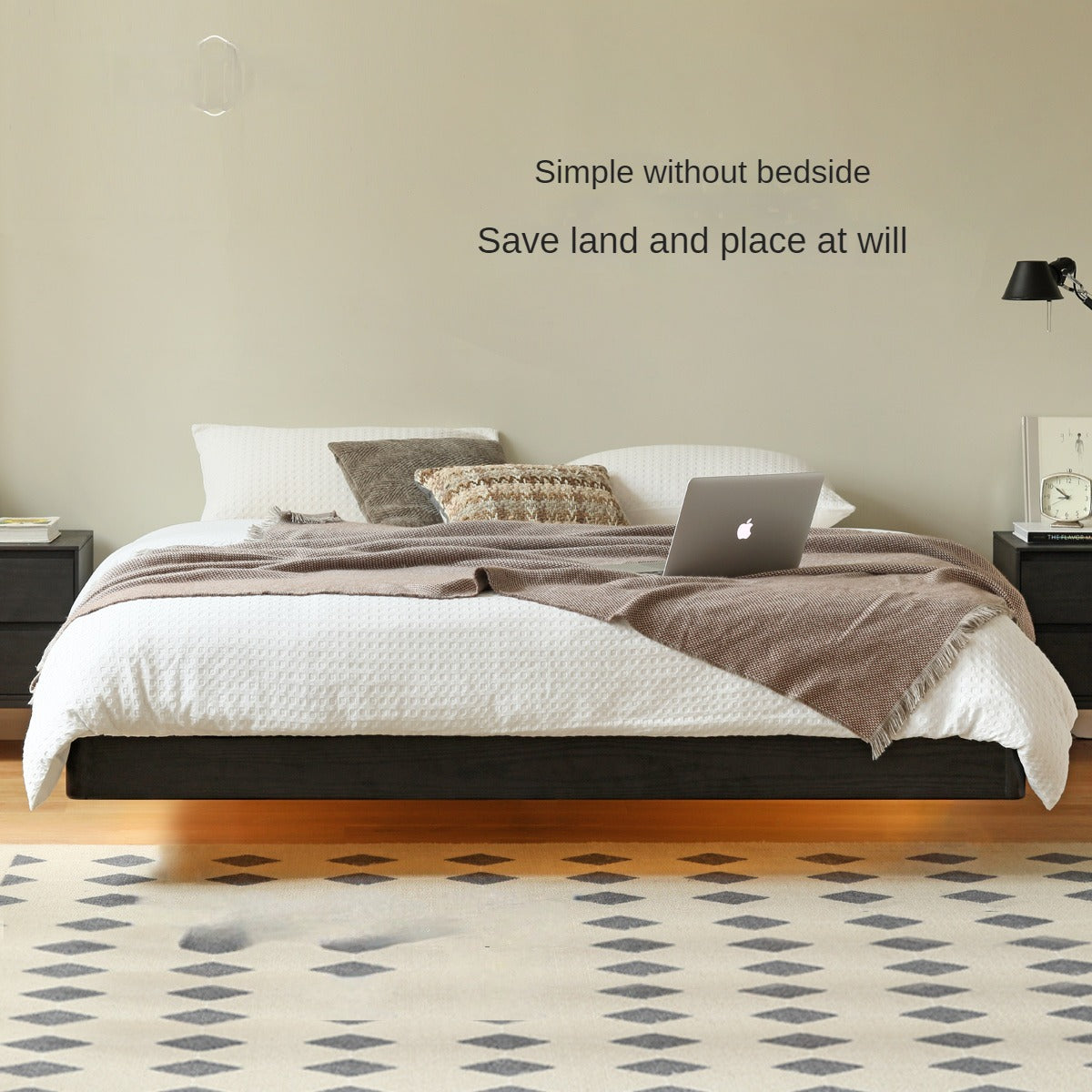 Solid Oak Wood Floating Platform Bed - No Headboard, Black Finish with LED Lights - Perfect for Modern Bedroom & Minimalist Home Decor