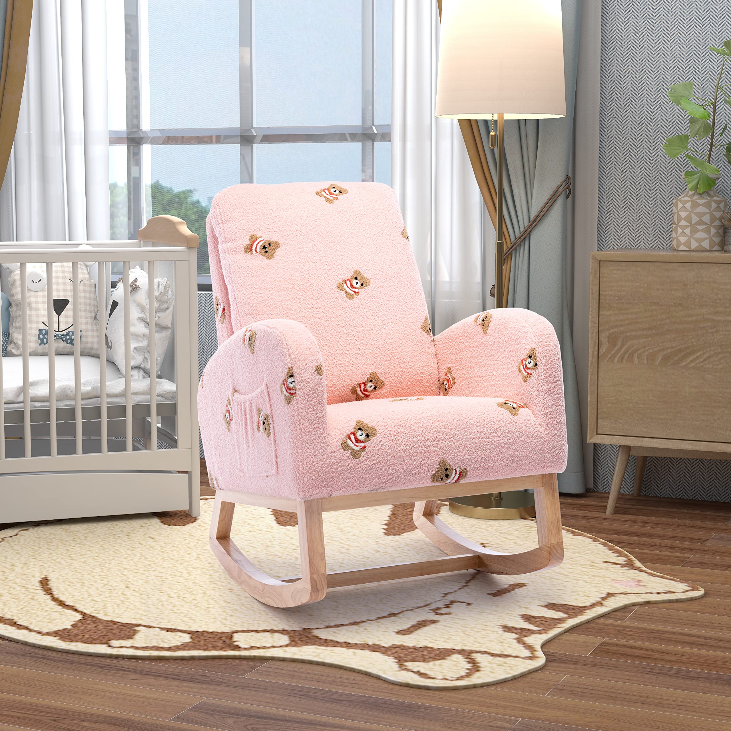 Mid Century Modern Velvet Upholstered Wooden Rocking Chair - Nursery Glider Rocker with High Back & Side Pocket, Pink Accent Armchair for Nursing, Living Room, Bedroom, Office & Baby Room | Perfect for Breastfeeding, Relaxing & Nursery Decor