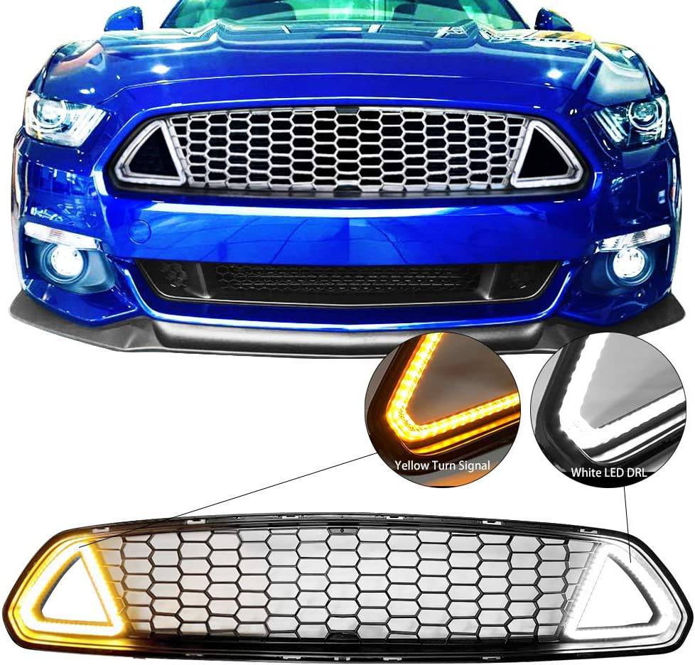 2015-2017 Ford Mustang Front Bumper Grille with LED Lights - Black Mesh Hood Insert for Enhanced Style & Performance | Perfect for Car Shows & Night Driving